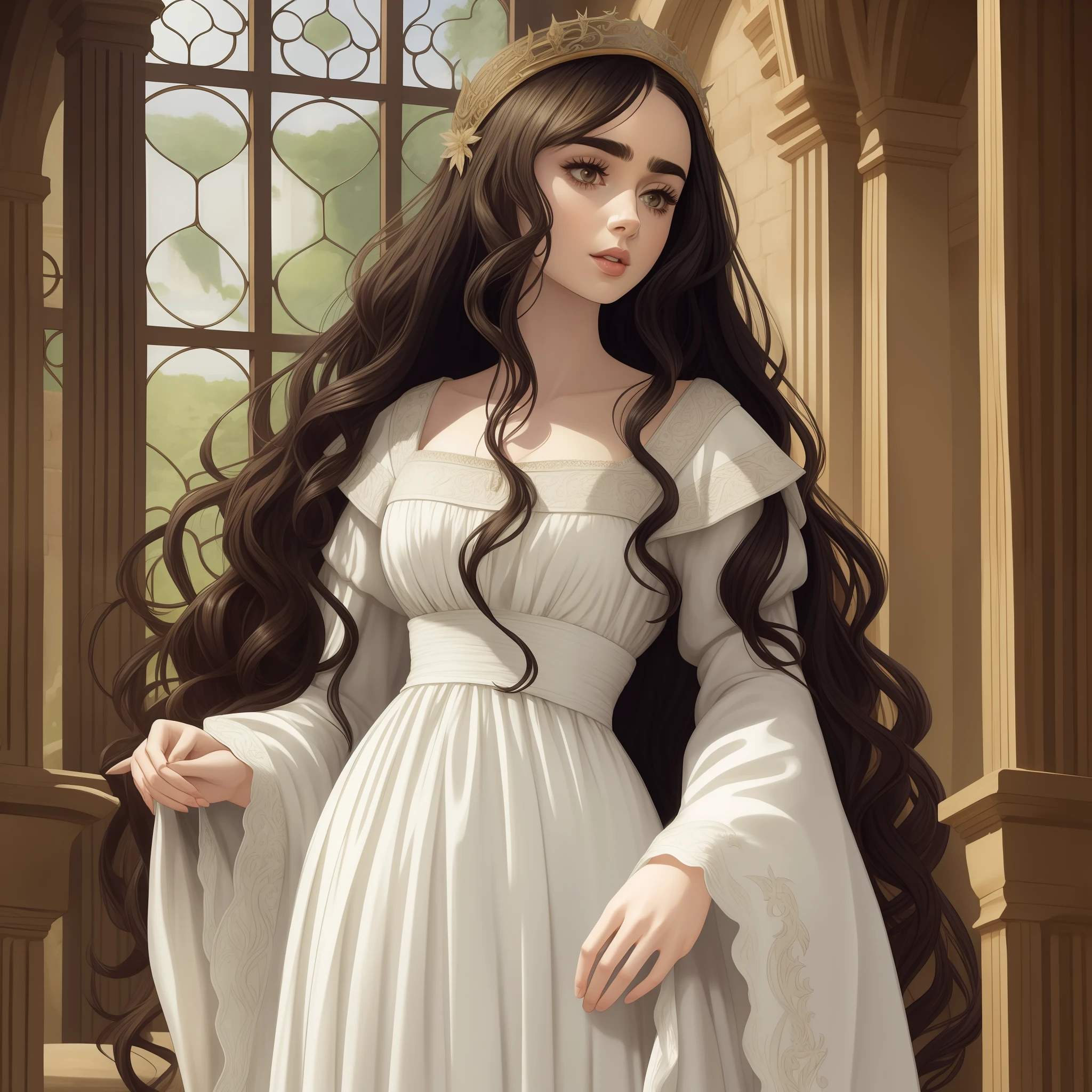 Lily Collins with long black curly hair in a medieval white nightgown, medieval clothes, the illustration is detailed, beautiful and bright, HD