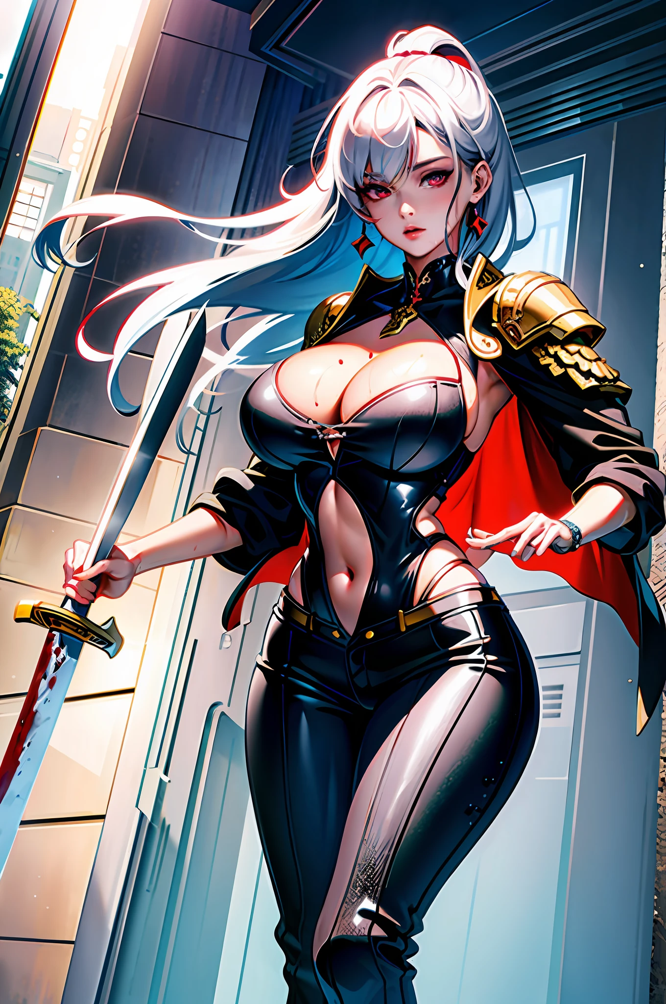 ((masterpiece)), (((best quality))), ((ultra detail)), ((illustration)), ((semi-realistic)), (reflections), sharp focus, front lighting, intense shadows, (beautiful detailed eyes), eyelashes, (extremely delicate and beautiful girl), ((red eye)), silver hair, (jacket), (trousers), long hair, (wielding a katana), ((detailed eyes)), ( cold-blooded), (((big chest))), shiny skin, cinematic lighting mask, ray tracing, depth of field, dynamic angle, looking at the viewer, ((epic background)), (blood on the face 1.2), (difficulty 1.4), highly detailed fingers, highly detailed hand, highly detailed full body, highly detailed face and eyes, (Large breasts), ((Breasts Open up)), fully body views, standing, high detail legs, chest open, wet body, wet hair, curvy wet body,