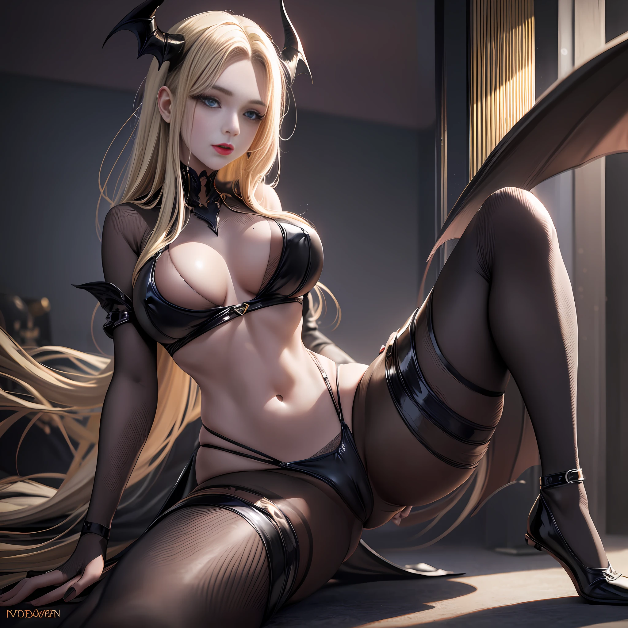 succubus, mature, Horn blonde hair, Golden eyes, Red lipstick, A beautiful and delicate face, Bikini, Black pantyhose, Bat wings, Devil's tail, Spread your legs., Masturbation, Full-body photo, Beautiful soft light, Edge light, Vibrant details, Luxurious, grace, Bedroom background, A beautiful background, The best quality, masterpiece, Very exquisite and beautiful., Very detailed, CG, Fine details, The best quality, Whole body, Illustration, 4k