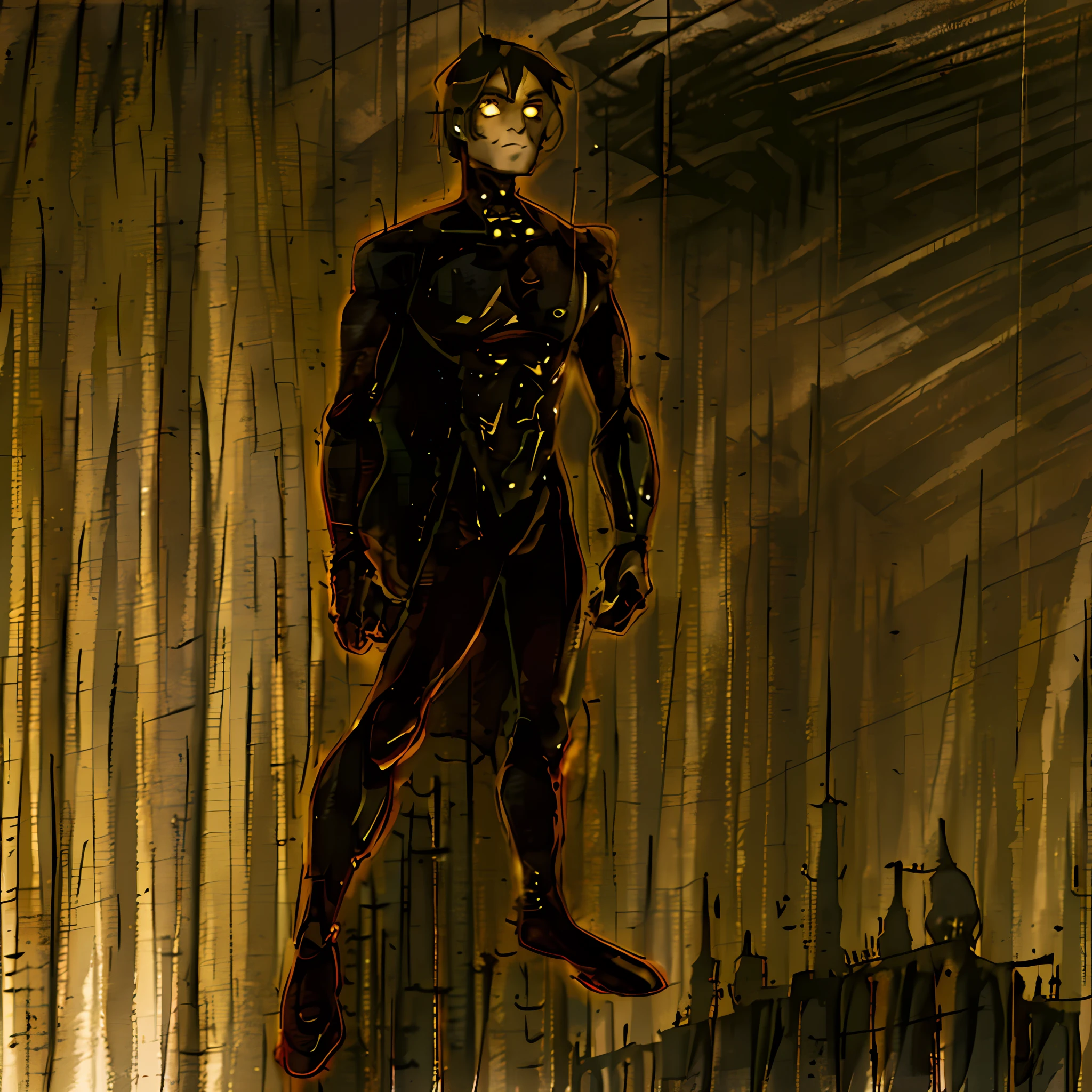 "((best quality)), dark and gritty, realistic, Batman, in his black and grey suit, standing tall and imposing with glinting eyes and bat emblem, ready for action in a cityscape at night,
(Vaporwave:0.8), glitchy neon lights, futuristic buildings looming in the distance, heavy rain falling around him, moody atmosphere."