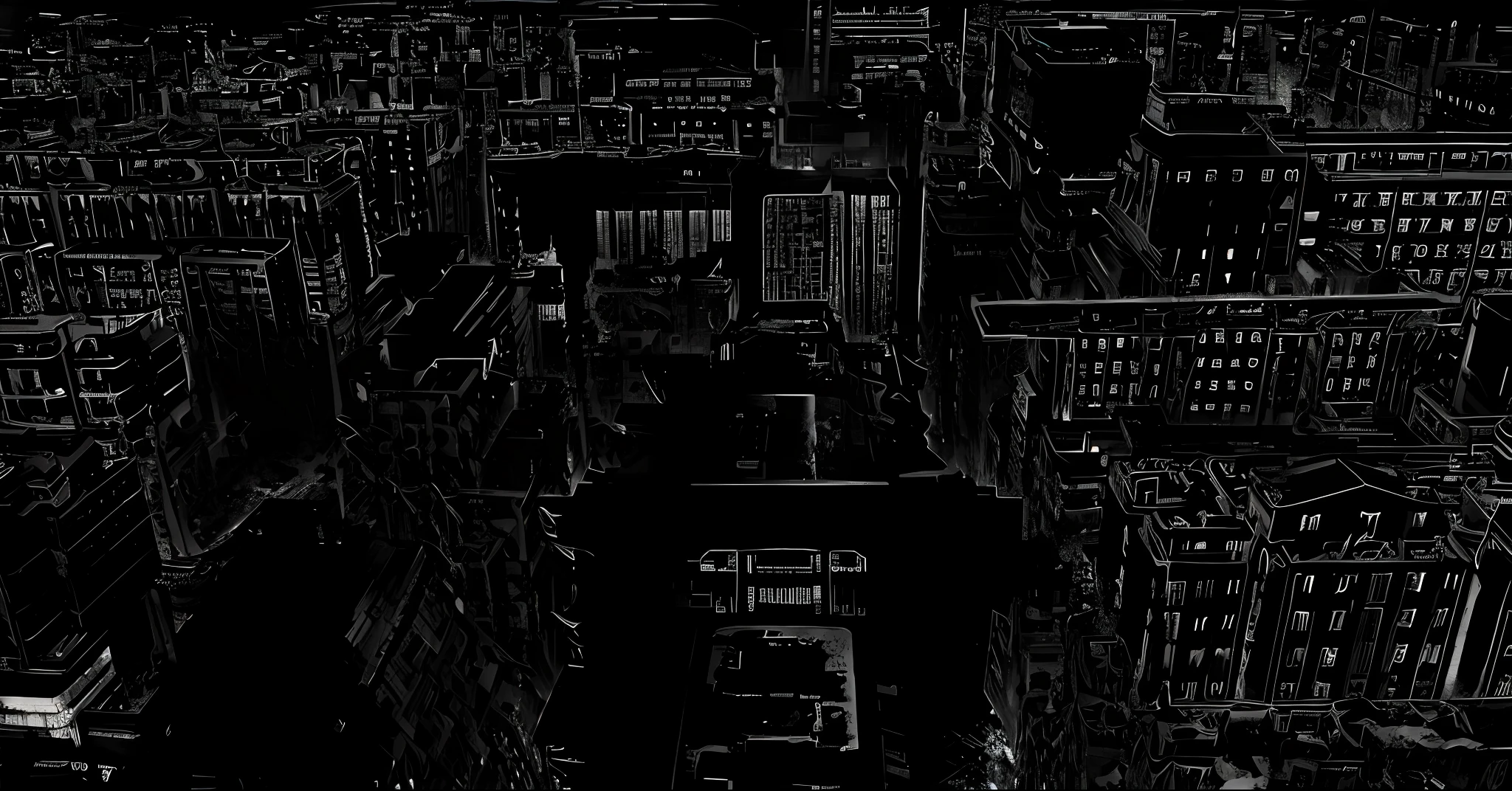 Constructing cityscapes, film Lane fractal Lane, vast detailed layered city made of millions of point clouds, dark but detailed digital art, (jitter), point clouds, displacement maps, surreal neuronal cities, buildings covered with Gribul