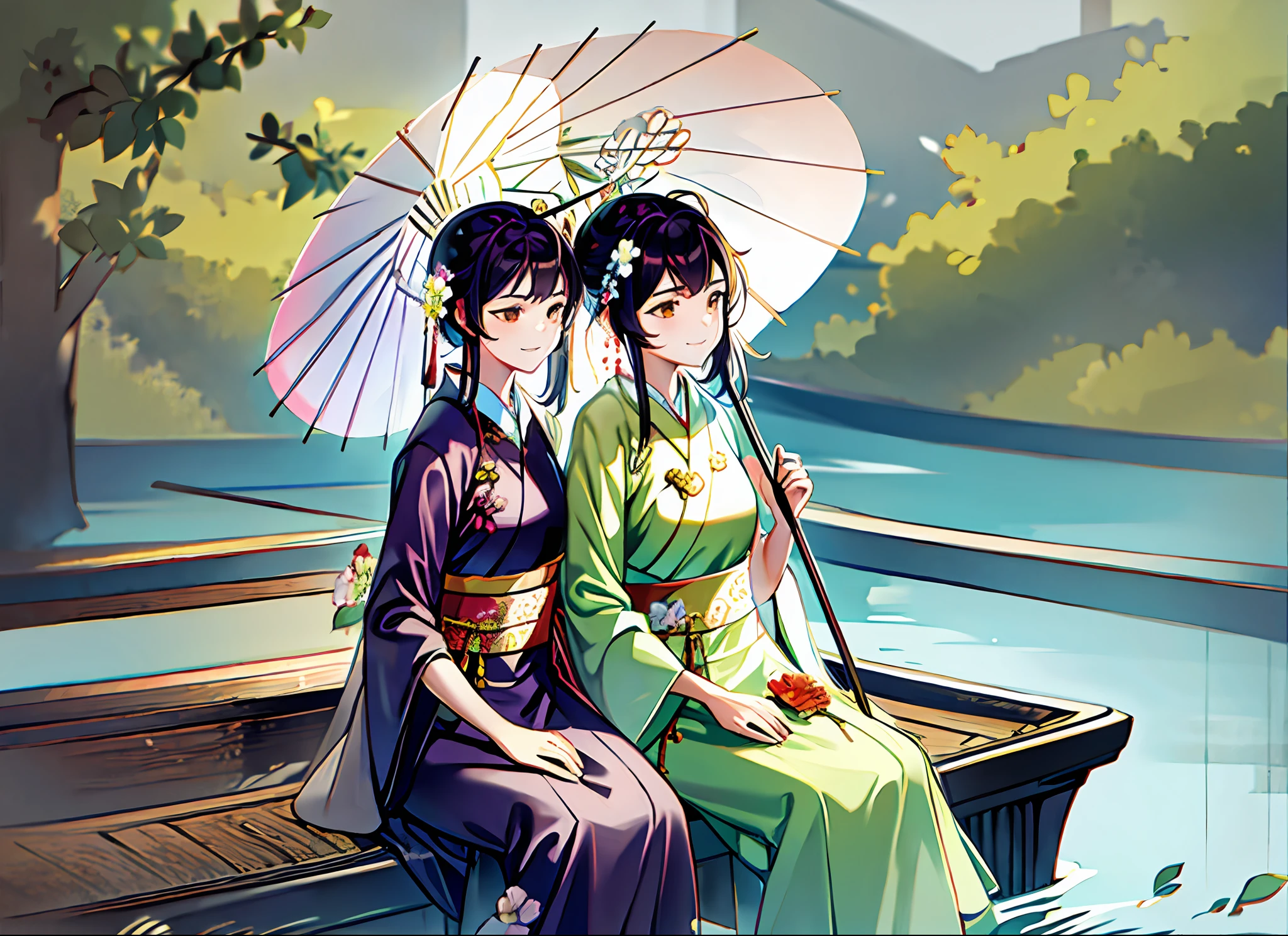 Extremely detailed, two people in Hanfu on the boat sit on the boat, holding flower umbrellas.