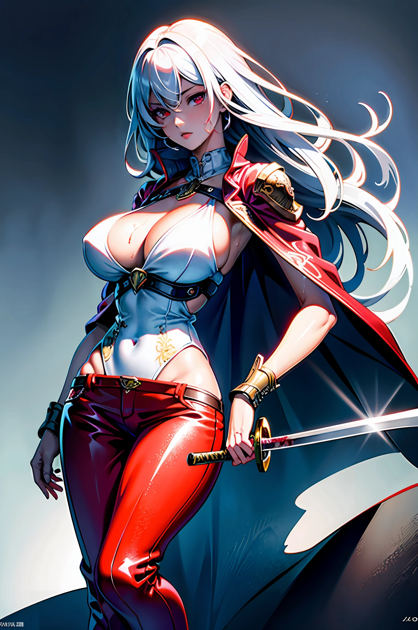 ((masterpiece)), (((best quality))), ((ultra detail)), ((illustration)), ((semi-realistic)), (reflections), sharp focus, front lighting, intense shadows, (beautiful detailed eyes), eyelashes, (extremely delicate and beautiful girl), ((red eye)), silver hair, (jacket), (trousers), long hair, (wielding a katana), ((detailed eyes)), ( cold-blooded), (((big chest))), shiny skin, cinematic lighting mask, ray tracing, depth of field, dynamic angle, looking at the viewer, ((epic background)), (blood on the face 1.2), (difficulty 1.4), highly detailed fingers, highly detailed hand, highly detailed full body, highly detailed face and eyes, (Large breasts), ((Breasts Open up)), fully body views, standing, high detail legs, chest open, wet body, wet hair, curvy wet body,