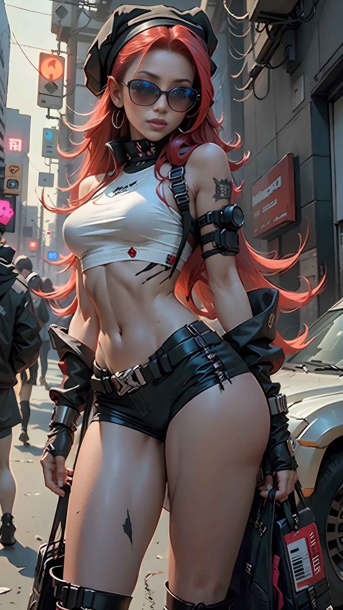 Beauty, long hair (red), wearing hat, cyberpunk style short outfit, crop top, big breasts (1.5), straight breasts, bare side breasts, black silk (1.6), ripped stockings,