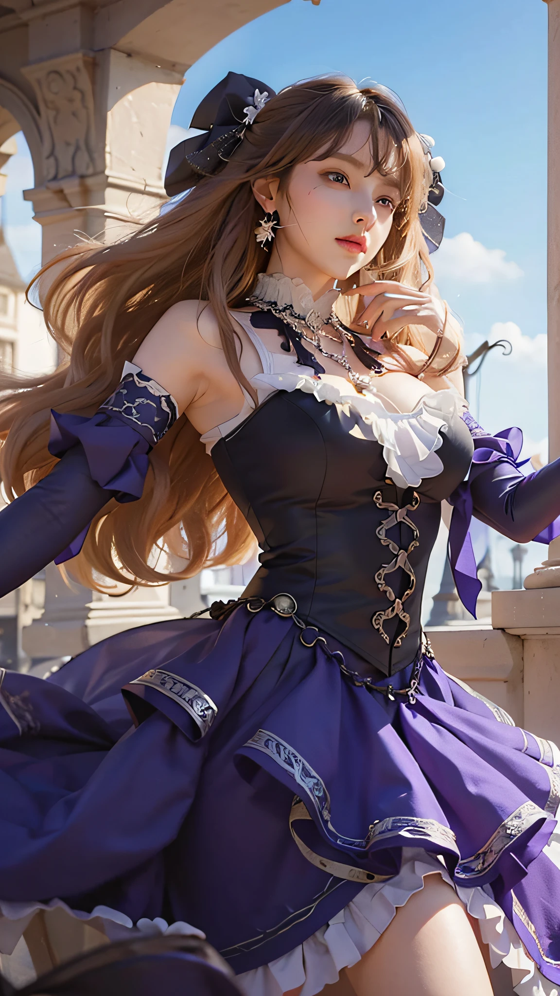 whole body, view straight on, focus on eyes, breast squeeze, beautiful detailed fullbody, flat chest, girl,woman,female, mature,30 years old, long hair, curly hair, wept bangs, black hair, hair fluttering in the wind, ahoge, delicate beautiful face, seductive smile, beautiful and delicate eyes, closed_mouth, bare_shoulders, delicate hands, large_breasts, zettai_ryouiki, blue eyes, white skin, Beautiful accessories, hair_flower, necklace, white_gloves, beautiful detailed dress, knee_boots, extremely detailed CG unity 8k wallpaper, extremely CG,