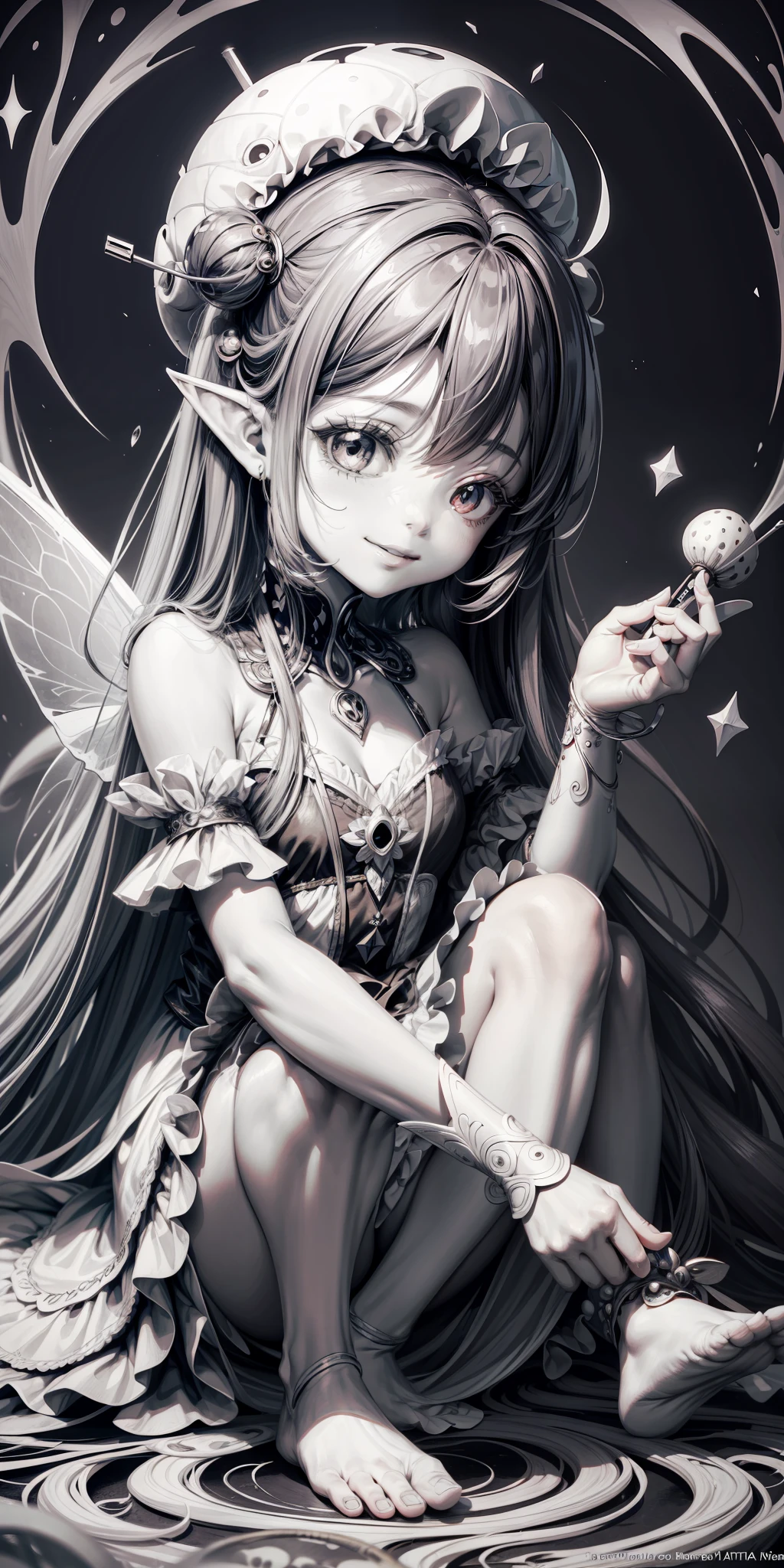 black and white coloring page a beautiful fairy girl, , smiling sitting on a big dotted mushroom brushing her long hair clip art on white background - --auto --s2
