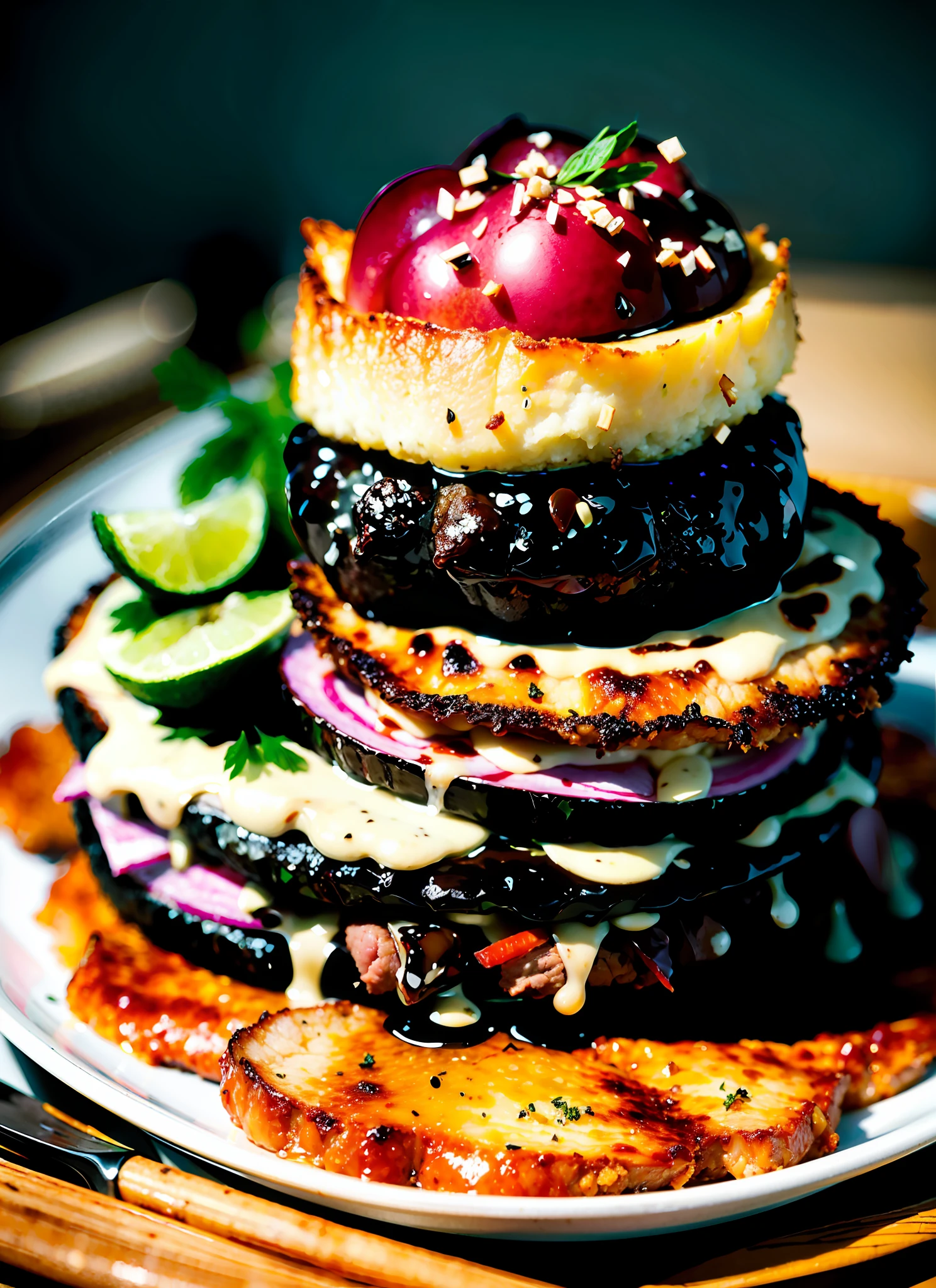 yummy anburg steak, food photograph, food styling, long shot, lens 85 mm, f 11, studio photograph, ultra detailed, octane render, 8k, --q 2 --s 6000 --ar 2:3