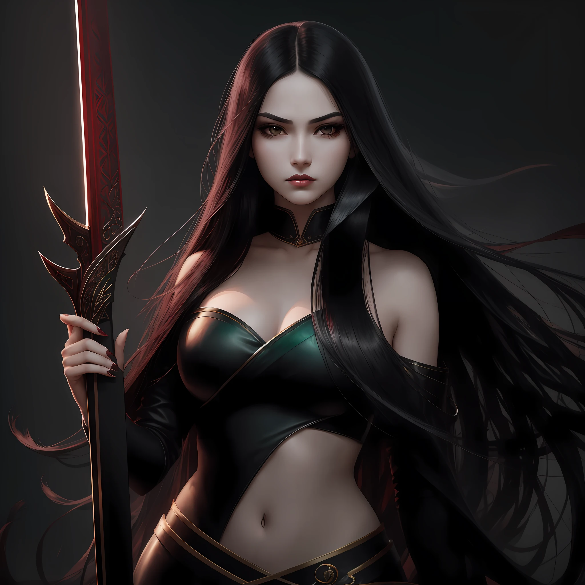 A beautiful young woman with fair skin, long black hair, emerald eyes, burgundy lips, standing with a sword close to her face, with an expression of someone who desires revenge --auto --s2