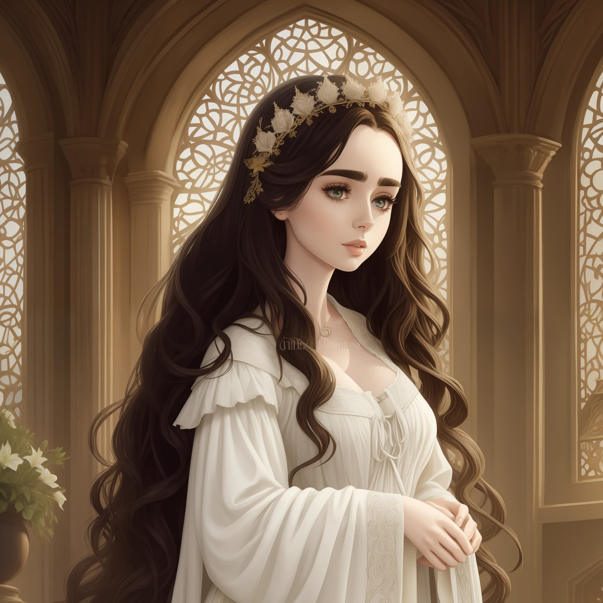 Lily Collins with long black curly hair in a medieval white nightgown, medieval clothes, the illustration is detailed, beautiful and bright, HD