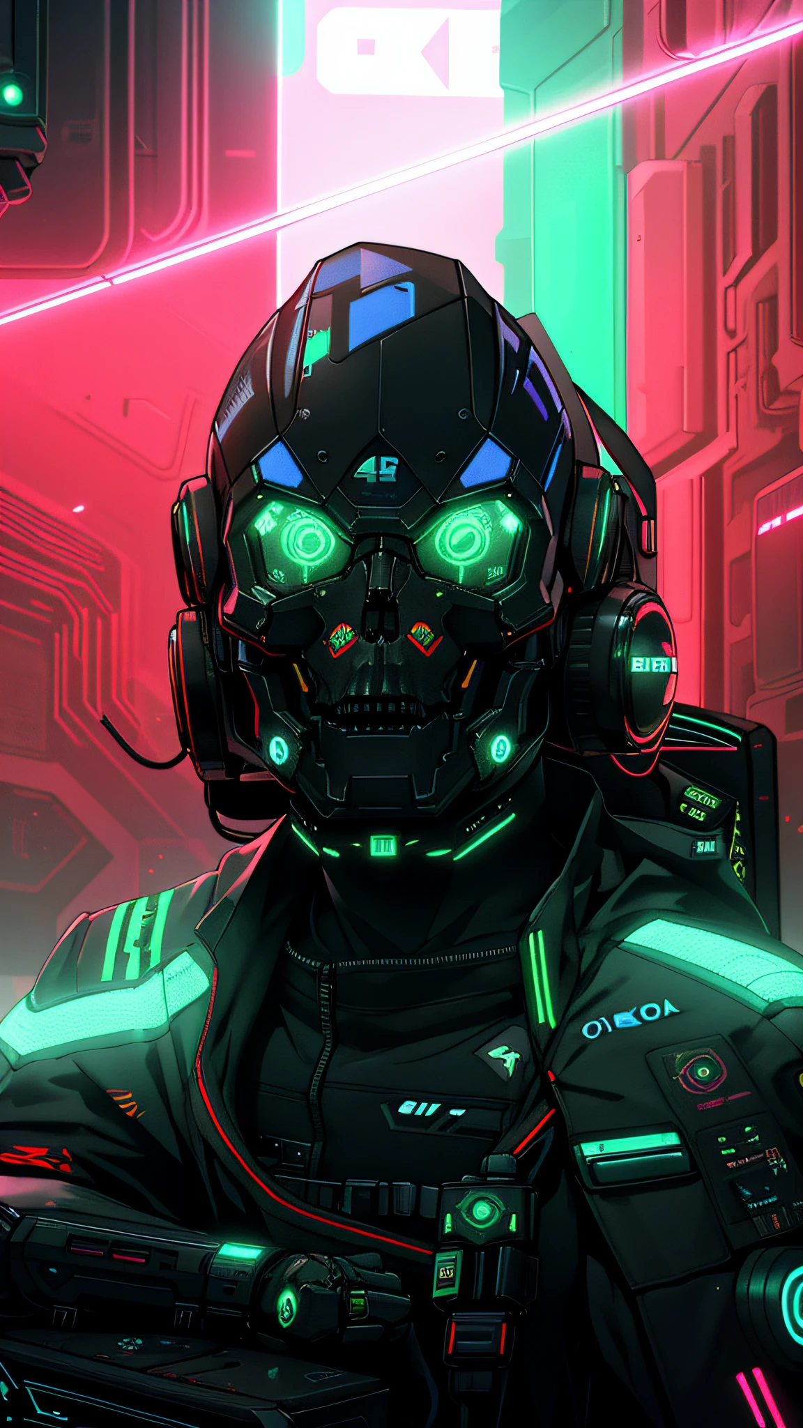 "A young cyberpunk in a futuristic setting, sitting in front of a futuristic PC Gamer, illuminated by neon lights in the background. He is wearing a robotic suit, and sports the face of a skull. (4k)", Ultra Detail, (Ray Tracing), (Chrome), (Open Mouth)