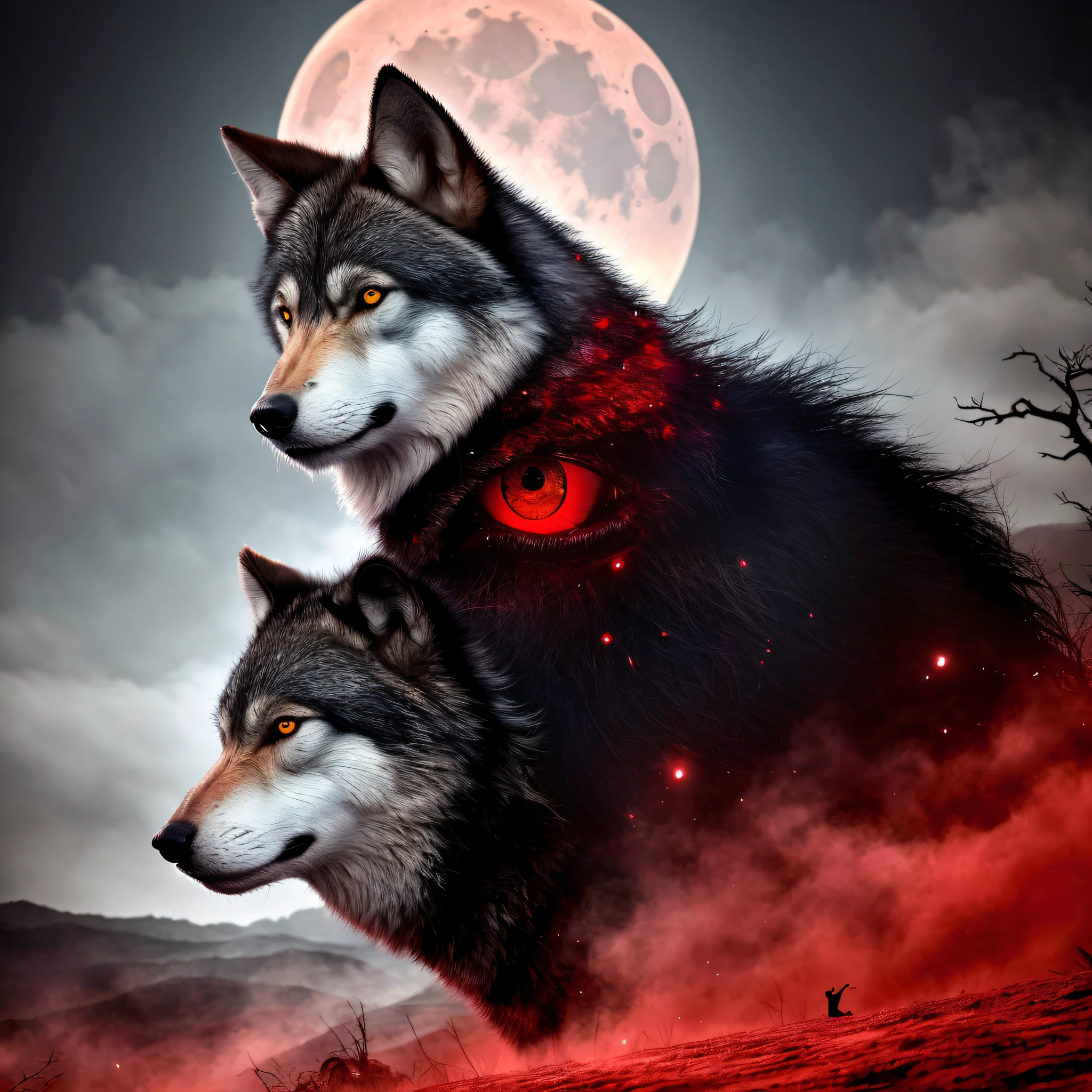 best quality, masterpiece,
a monster, god, holy, fog, big red bleeding eye and blood moon as background,
elden ring,wolf