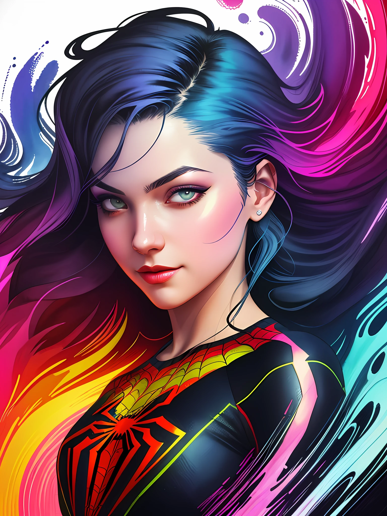 t-shirt design, centered 2D vector art, black background, watercolor splash colors, Spiderman into the Metaverse, intricately detailed clothing, gorgeous art, masterpiece, luminosity by Rembradt, art by Charlie Bowater, Adobe Illustration, Trending on Artstation, octane render , 8K, cinematic, --no duplicate character, -