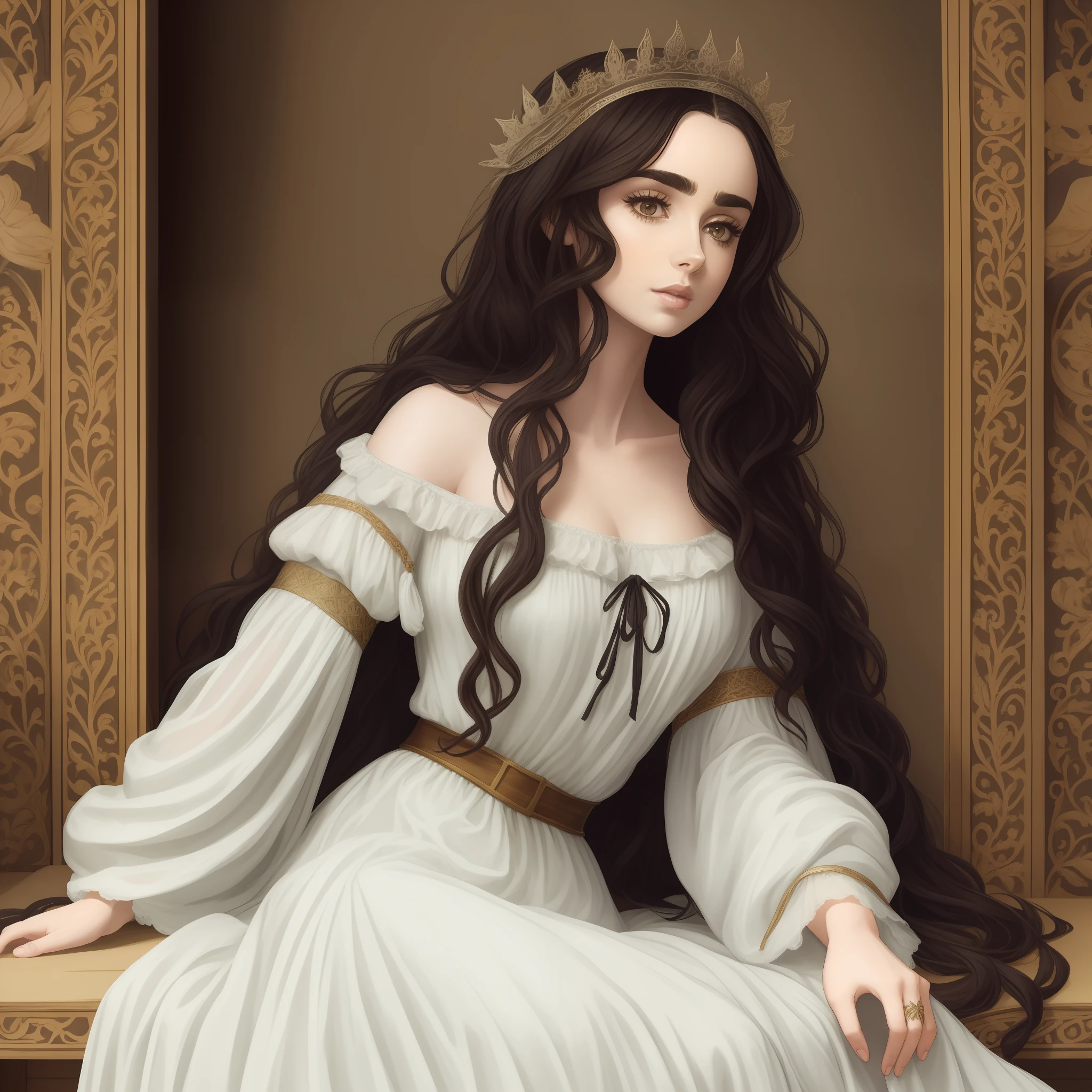 Lily Collins with long black curly hair in a medieval white nightgown, medieval clothes, the illustration is detailed, beautiful and bright, HD