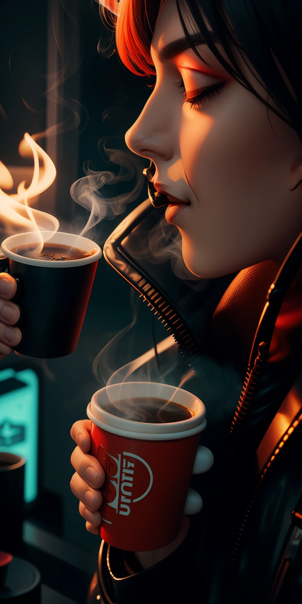 close up hot coffee cup smoke hotter magical smoke add_detail (cyberpunk) (neon)