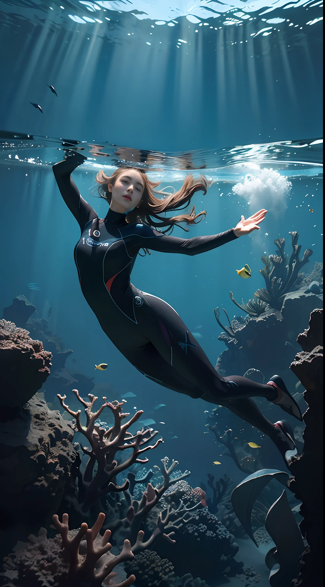 Solo, deep sea, coral reef, diving, wetsuit, fins, weightlessness, ((best quality, 8k, masterpiece: 1.3)), one woman, longhair, underwater photography, underwater perspective, underwater floating, breaststroke