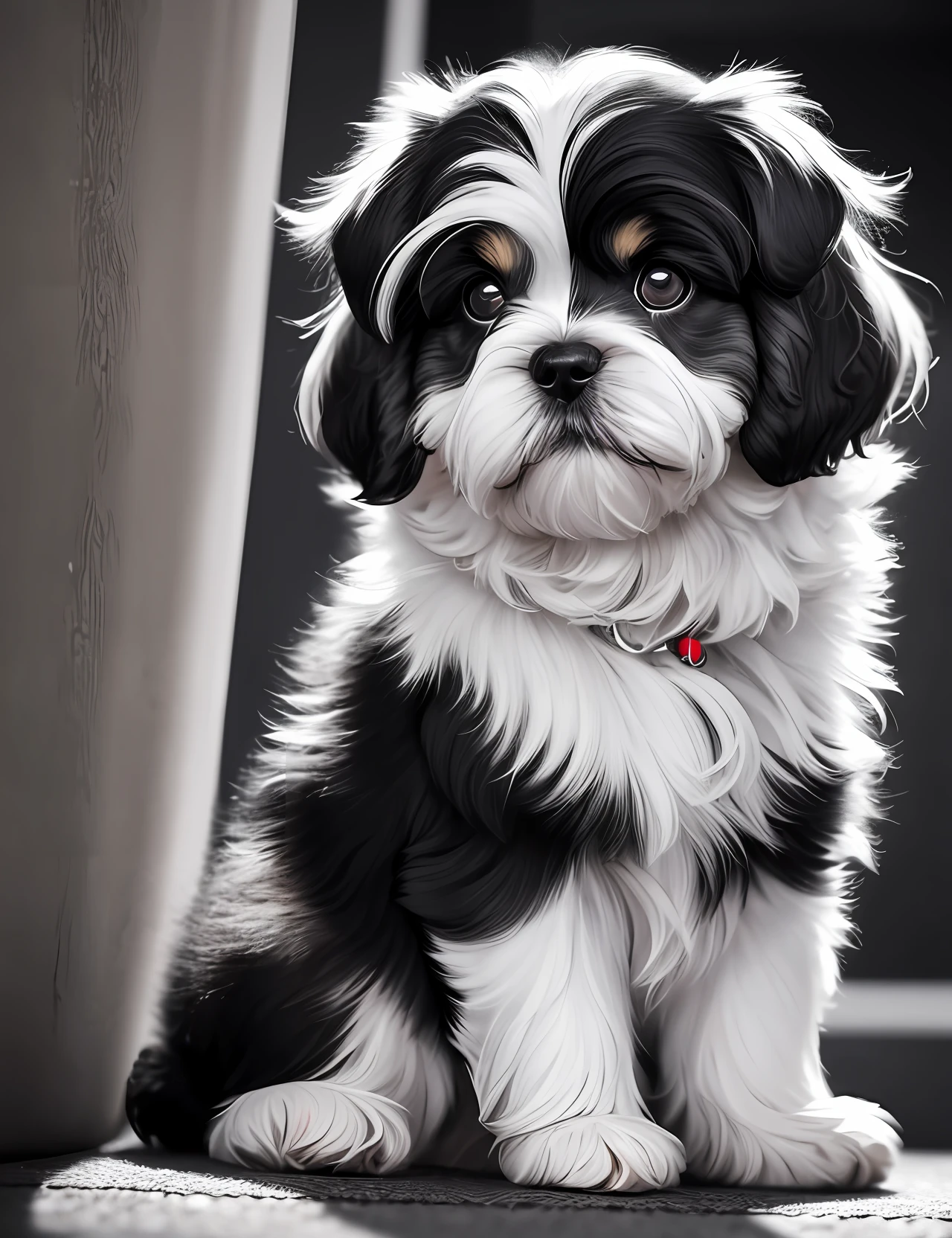 Black and white breed dog lhasa apso, dynamic lighting, 16k, uhd, severe low lighting, high quality, sharp focus, fujifilm XT3 --auto --s2