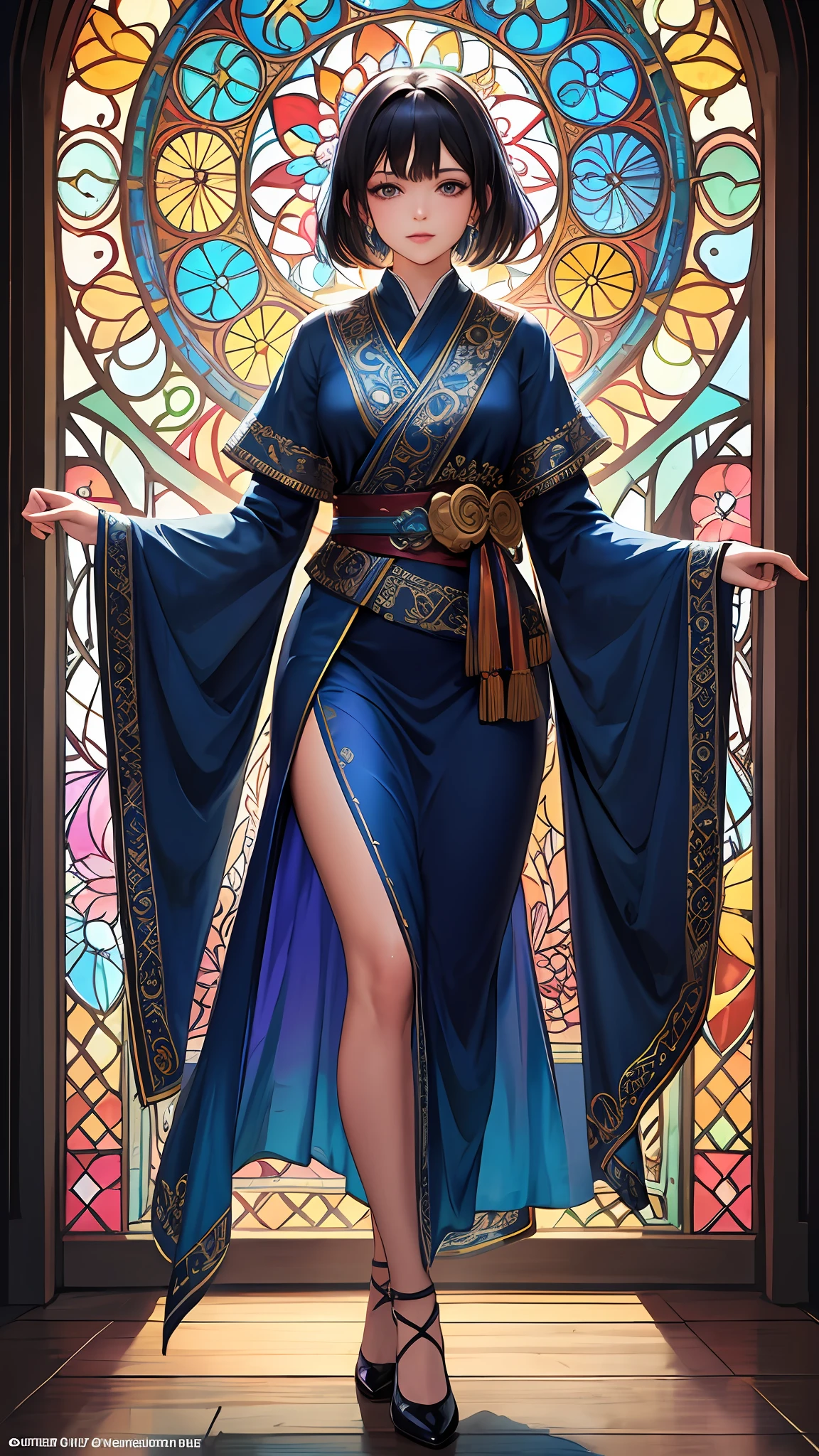 (masterpiece, top quality, best quality,official art, beautiful and aesthetic:1.2),(1girl:1.3), 1girl BREAK stained glass art, colored glass, lead lines, light transmission BREAK vibrant colors, intricate designs, luminous effects, spiritual ambiance