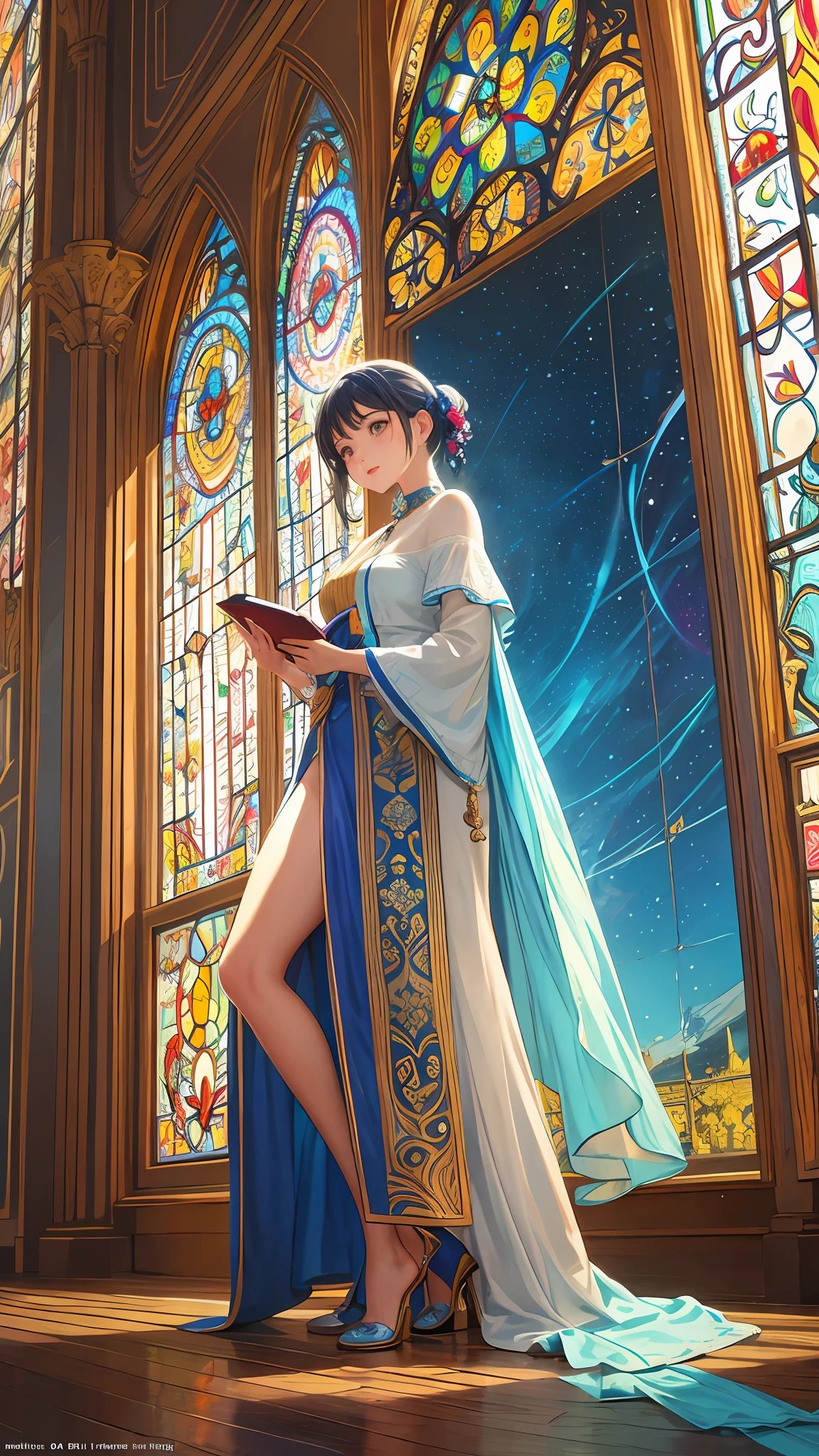 (masterpiece, top quality, best quality,official art, beautiful and aesthetic:1.2),(1girl:1.3), 1girl BREAK stained glass art, colored glass, lead lines, light transmission BREAK vibrant colors, intricate designs, luminous effects, spiritual ambiance
