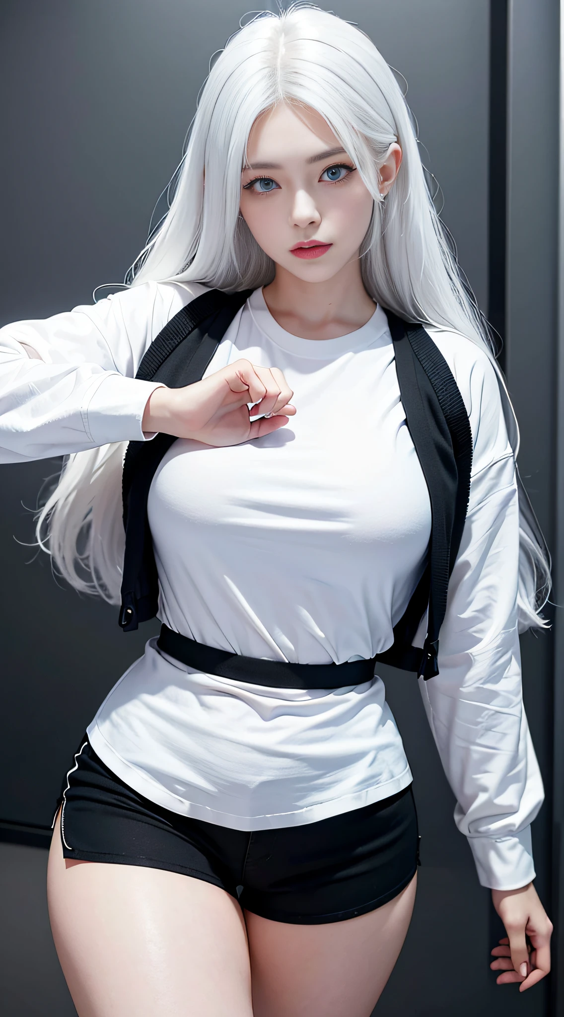 Realistic, high resolution, 1 girl, white hair, Korean, blue eyes, white shirt, tight black shorts, chunky thighs, (dynamic pose), detail restoration