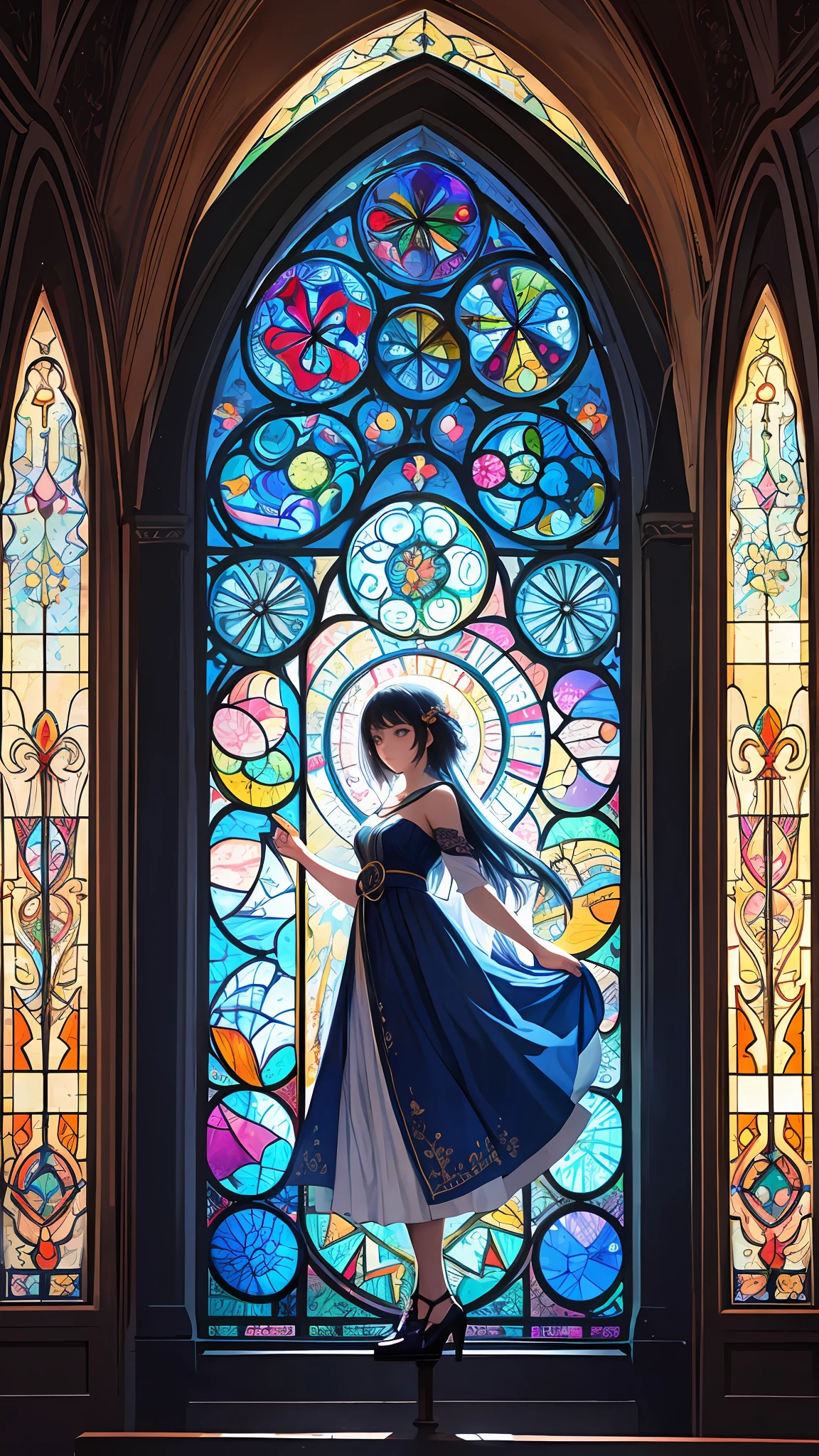 (masterpiece, top quality, best quality,official art, beautiful and aesthetic:1.2),(1girl:1.3), 1girl BREAK stained glass art, colored glass, lead lines, light transmission BREAK vibrant colors, intricate designs, luminous effects, spiritual ambiance