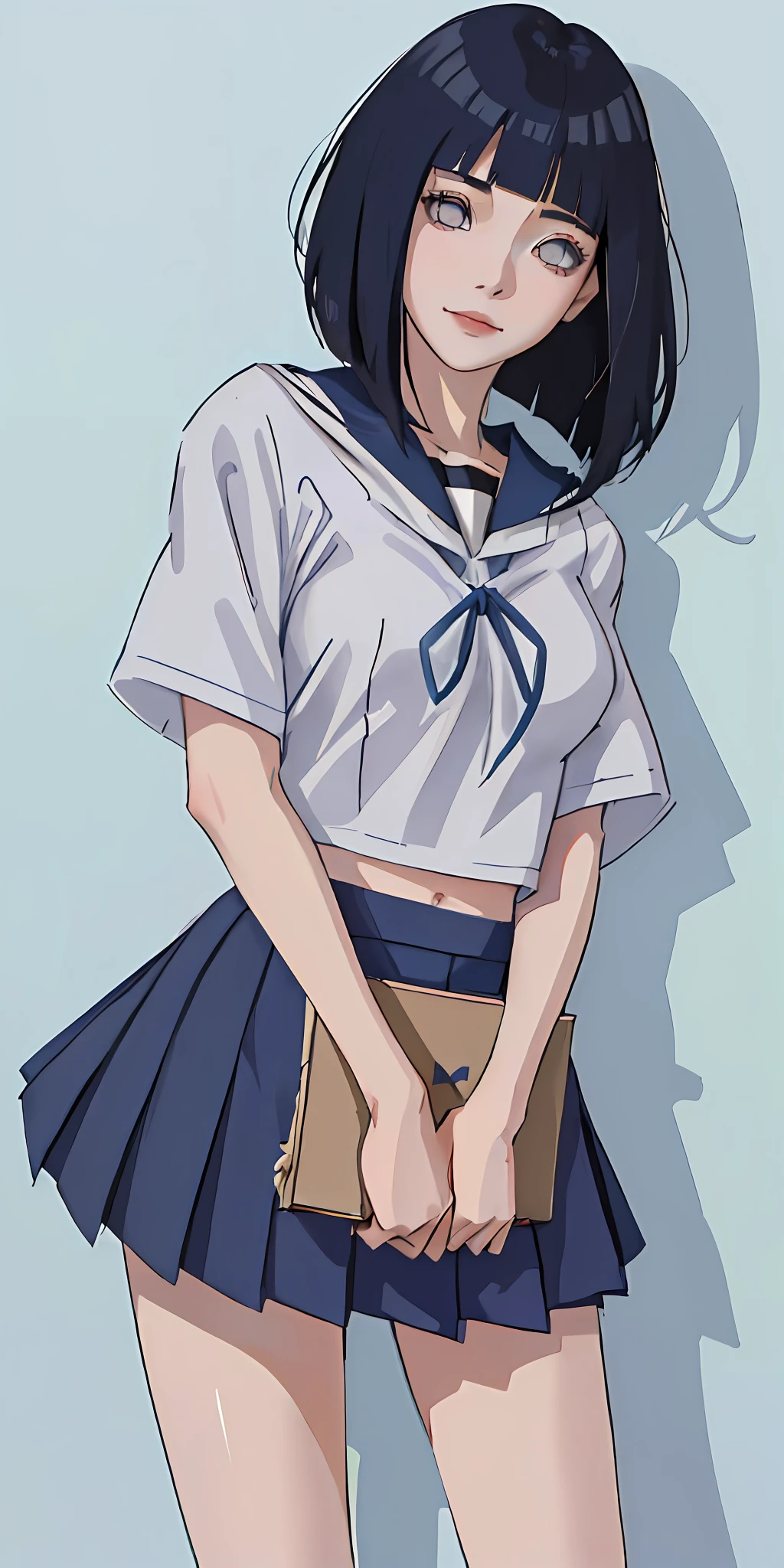 highres, ultra detailed), masterpiece, hinata\(boruto\), solo, 1girl,medium breasts, (((high school))), ((((high school attire)))), smile, (((medium hair))), blink blink effect, (((detailed lips))), knee crop, school building, from side, (((dark blue hair))) standing, looking at someone far away, cute face, young, (((french bob hair))), (((white top)))