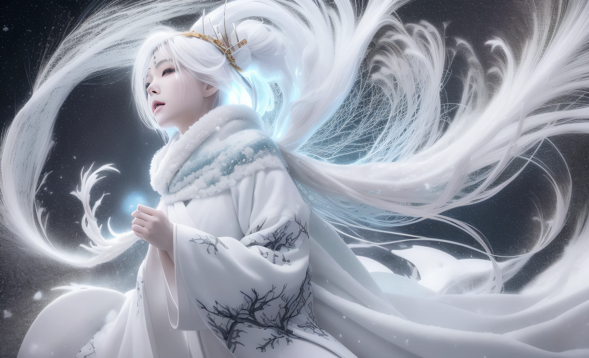 (((Snow Spirit)), Snow Spirit, (White dragon dancing in a blizzard)), (Violent snow and wind envelop the Snow Spirit)), Snow Spirit is very beautiful, wearing ((White kimono)), the skin is translucent white, the hair is long and black, the eyes are blue and shining, (((Strong wind is violently shaking the long black hair of the spirit))), Only the snow spirit is illuminated in the dark, very fantastic, Snow Spirit has a pure white beautiful face, a lonely pale face, eyes look lonely, photorealistic and weaves mentangle and mandala, watercolor, wet-on-wet or splatter technique, full shot, center, perfect composition, abstract, surrealism, masterpiece, highest quality, ultra detail, HDR, 8K