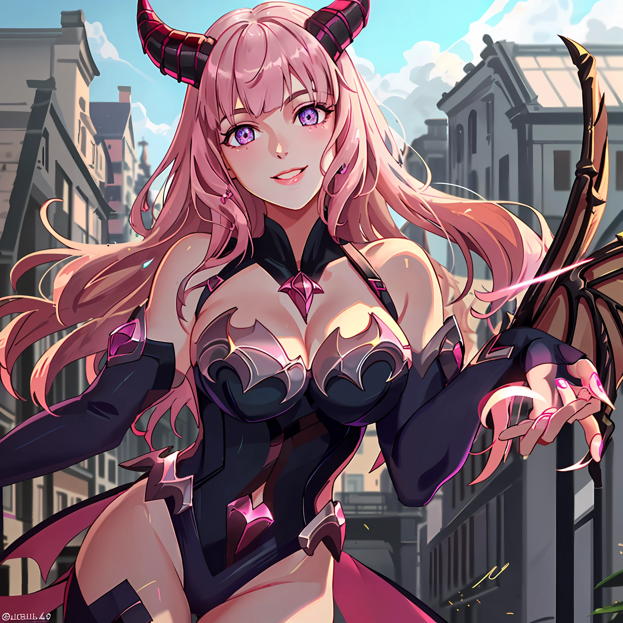 ((1girl: 1.4)). big breasts, wet, light smile, veneto swimsuit, navel, arms behind back, leaning forward, décolletage, outdoor, street, shower,fisheye, solo, huge breasts, sexy pose,milf,mom((Mobile legends bang bang Alice: 1.3)), pink hair,horns, light flare, depth, dynamic light , complex details of face, pure eyes, realistic pupils, masterpiece, best quality, super quality, UHD, anatomically correct, lots of glow , glowing butterfly,thicc thighs, ((best relationship between four fingers and thumb: 1.8))