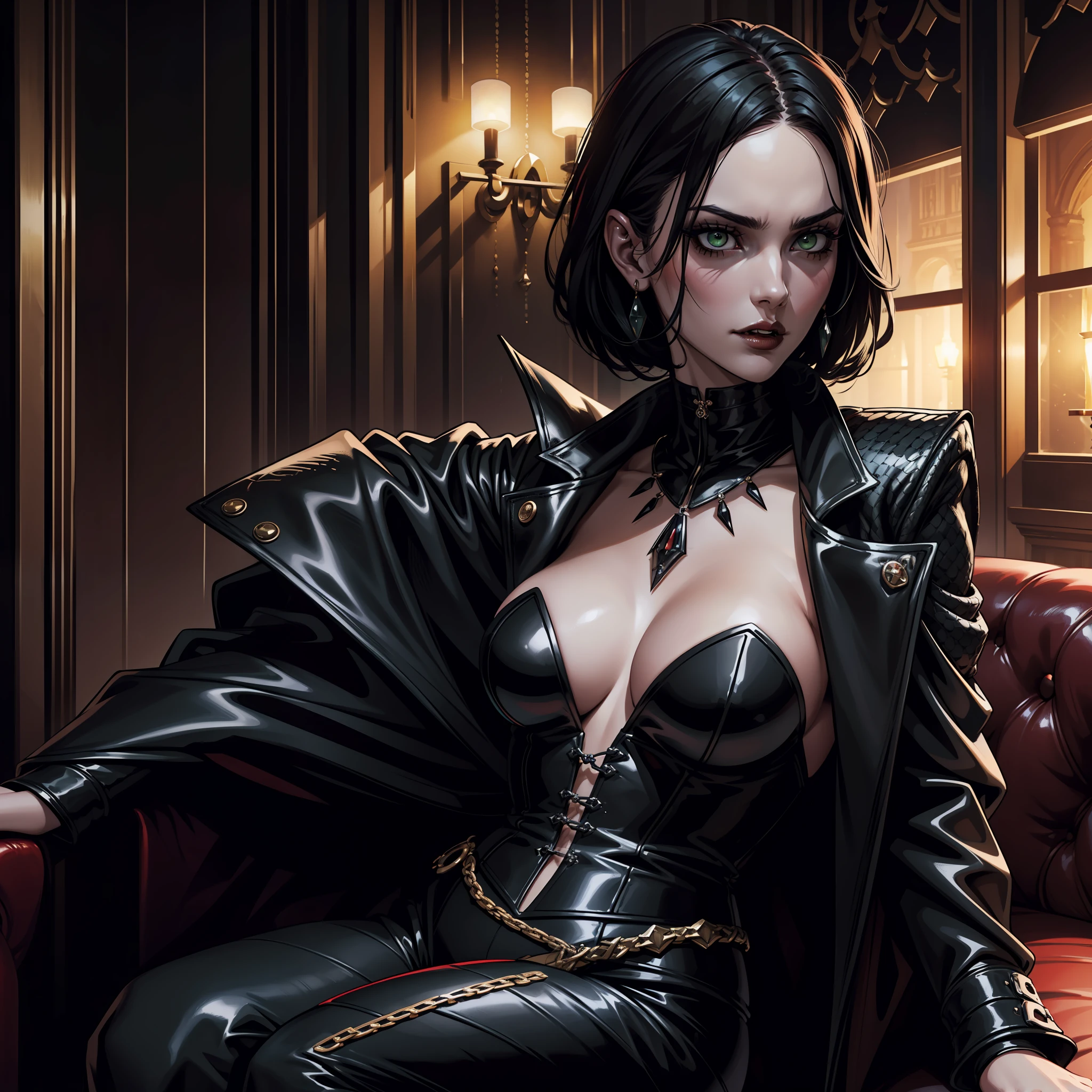 (extremely detailed 8k wallpaper), dark theme, Vampire the Masquerade, modern horror, 2020s, new woman top model, wearing black snake leather verste, expensive jewelry, sharp focus, (subsuperficial scattering:1.1), award-winning photography, centered face, face of Poppy Corby-Tuech, ((a Setite vampire)), half-body photo:1.1, very short black hair, supernatural green eyes:1.2,  expression of debauchery, inside luxury nightclub at night surrounded by admirers, dramatic lighting