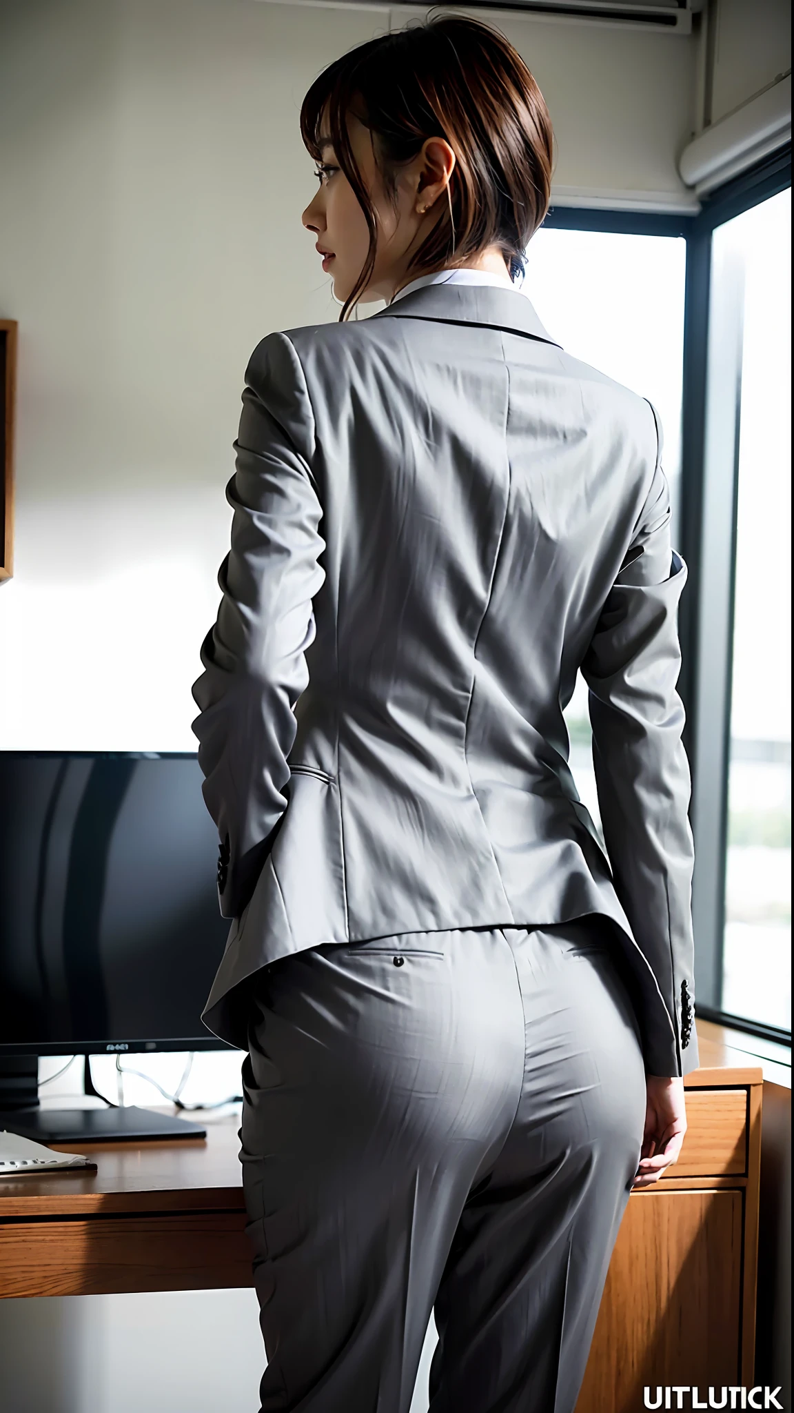 (Best quality, 8k, 32k, Masterpiece, UHD:1.2), 1girl, beautiy Japanese woman, narrow waist, grey suit, open jacket, office lady, suit, pants, from behind, office room, desk, (stick out one's buttocks:1.2), detailed face, short hair,