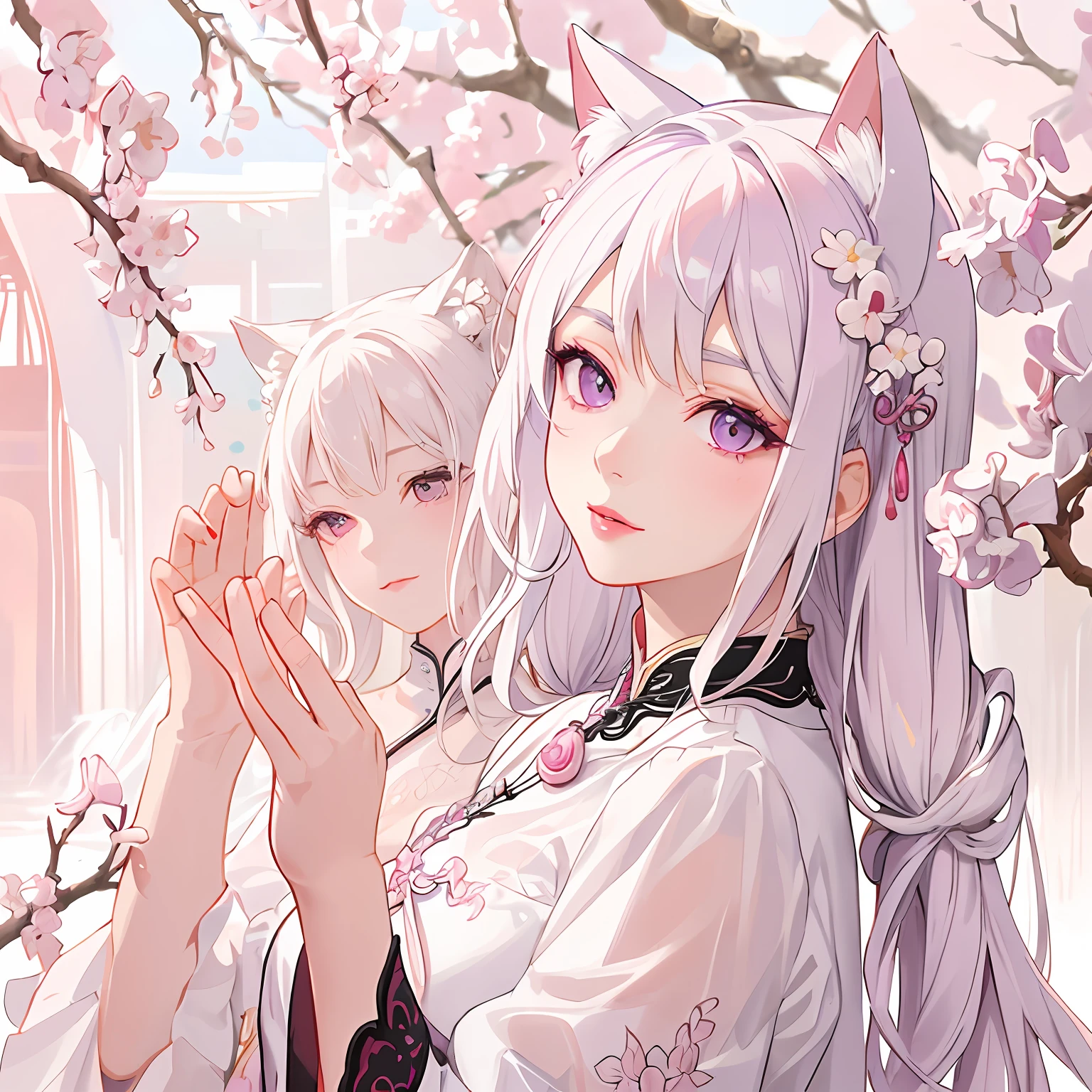 Ultra detailed woman, very detailed masterpiece, lilac eyes, white eyelashes, traditional Chinese clothing wet and with tranparencies, white hair, dark lipstick, cat ears, with collar and rattle, garden scenery with rain of cherry blossoms in light pink tone, a bridge and water mirror, late afternoon rays of light faint