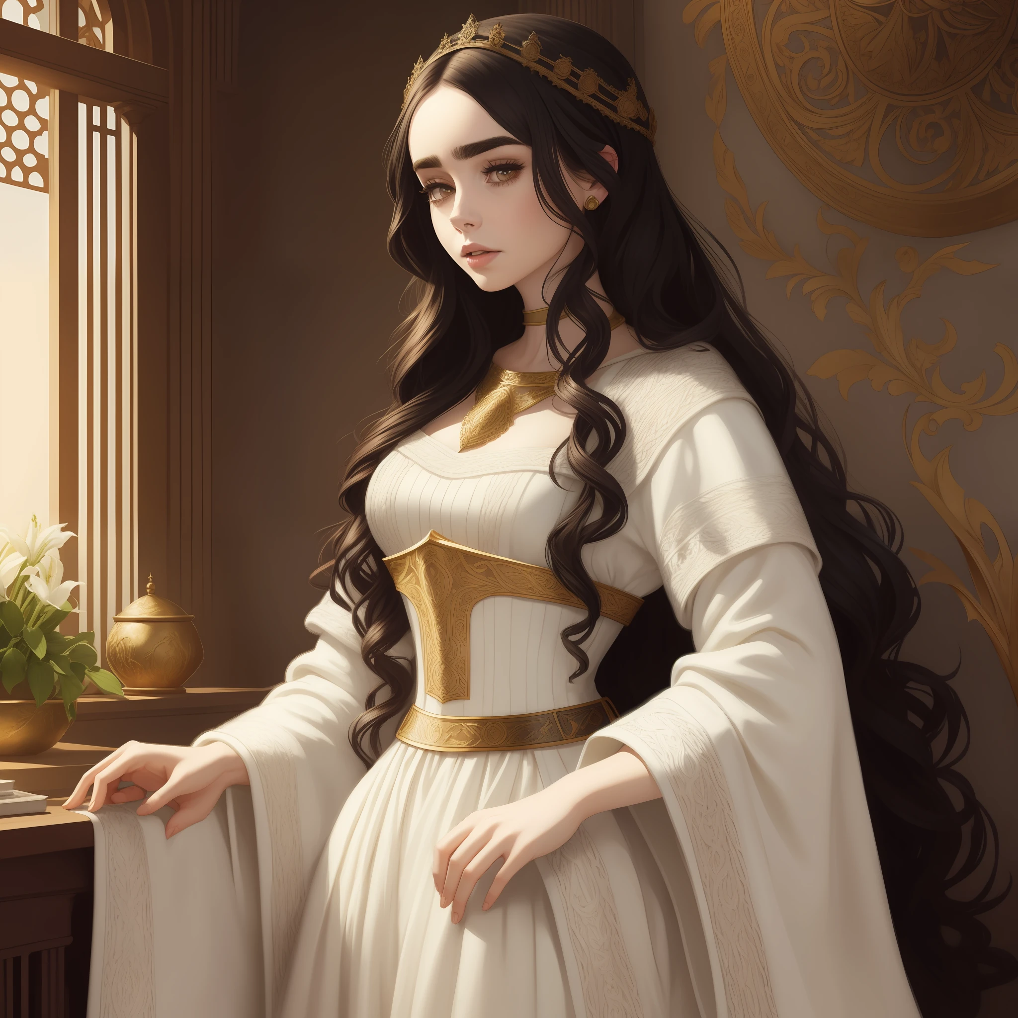 Lily Collins with long black curly hair in a medieval white neckline sweater, medieval clothes, the illustration is detailed, beautiful and bright, HD art by WLOP