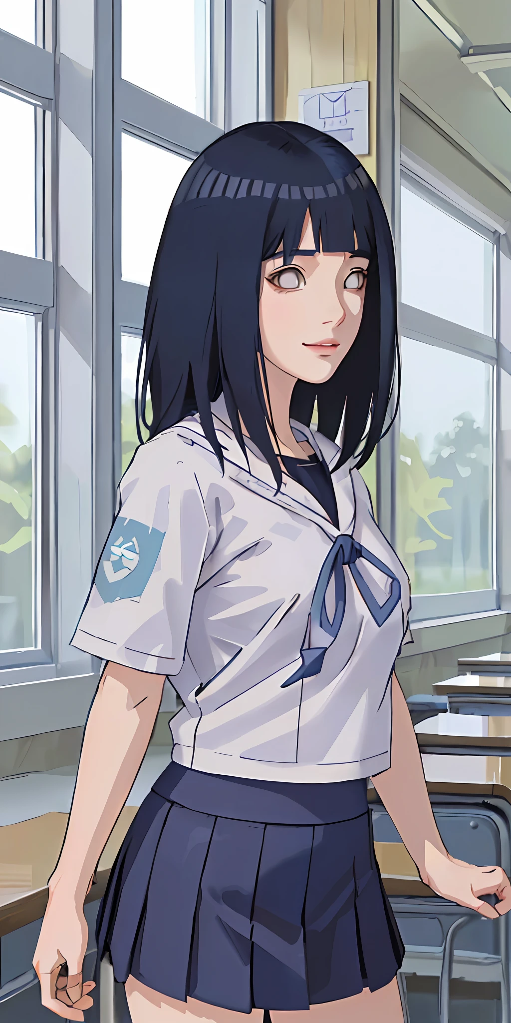highres, ultra detailed), masterpiece, hinata\(boruto\), solo, 1girl,medium breasts, (((high school))), ((((high school attire)))), smile, (((medium hair))), blink blink effect, (((detailed lips))), knee crop, school building, from side, (((dark blue hair))) standing, looking at someone far away, cute face, young, (((long hair parted bangs))), (((white top)))