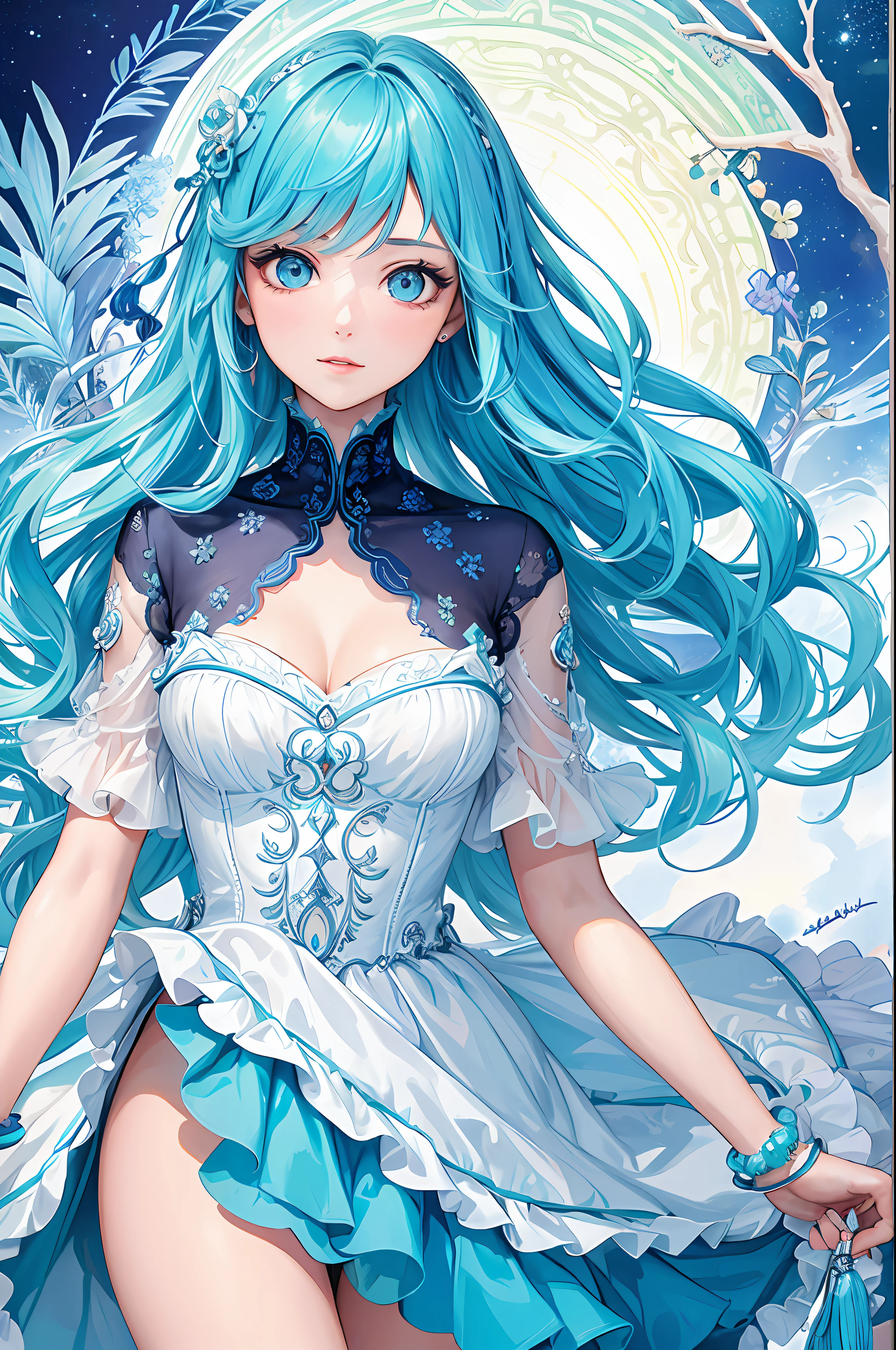 (Masterpiece, Top Quality, Best Quality, Official Art, Beauty and Aesthetics: 1.2), (1girl: 1.3), (Fractal Art: 1.3), Vibrant Aqua Blue Eyes, Medium Hair with Tassels,