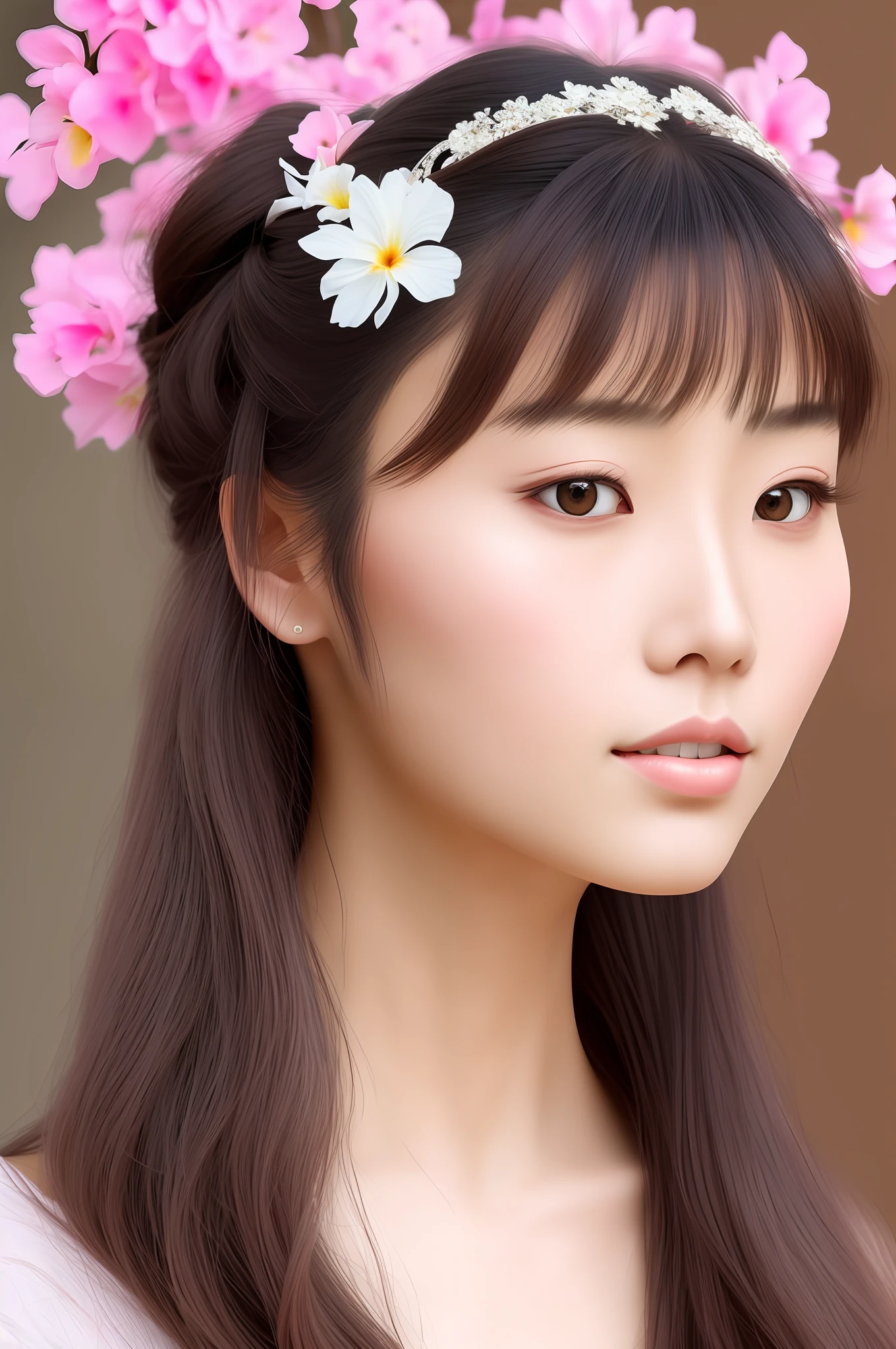 A realistic Japanese woman in 4K with delicate and elegant features. Your skin usually presents a light and smooth tone, with a soft and well-groomed texture. The eyes are considered one of the most striking features, with slightly almond shape and eyelids that can range from a soft fold to a defined double fold. The iris usually has a dark brown or black coloration, conveying depth and mystery. The forehead is often small and rounded, while the eyebrows are thin, slightly arched and well-defined, enhancing the expressive look. The nose tends to be delicate and slightly upturned, giving a graceful appearance to the face. The lips are thin and smooth, often with a natural pinkish tint. Hair can vary in texture, color, and length, but it is common to find Japanese women with straight, silky hair. They often display elegant hairstyles such as buns, braids or even loose hair, complemented with traditional accessories such as flowers, decorative clips or ribbons