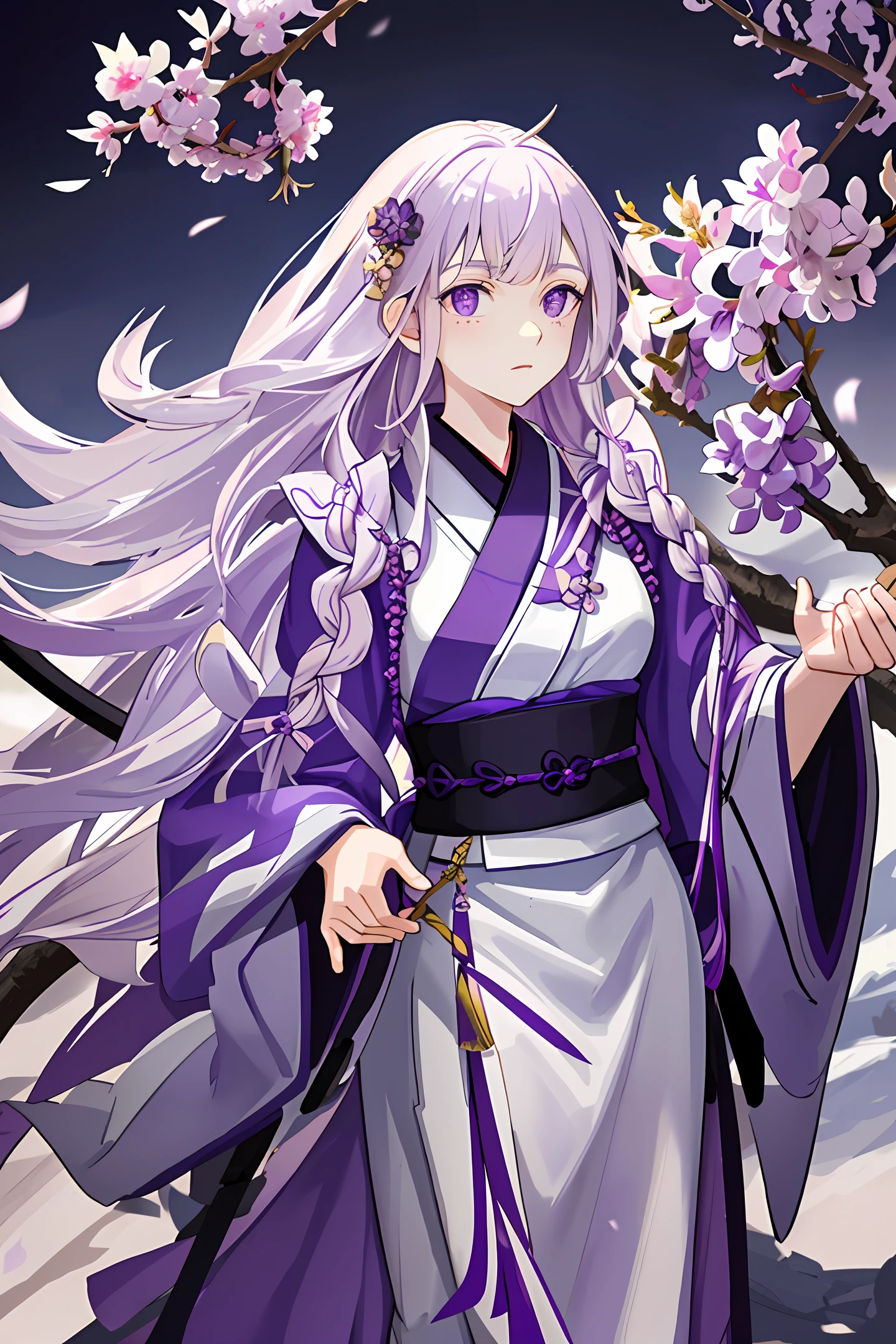 Well detailed girl, white curly hair, pale skin, freckles on the face, big lilac eyes, oni hunter uniform, dark purple kimono, long sword and lilacs, at night