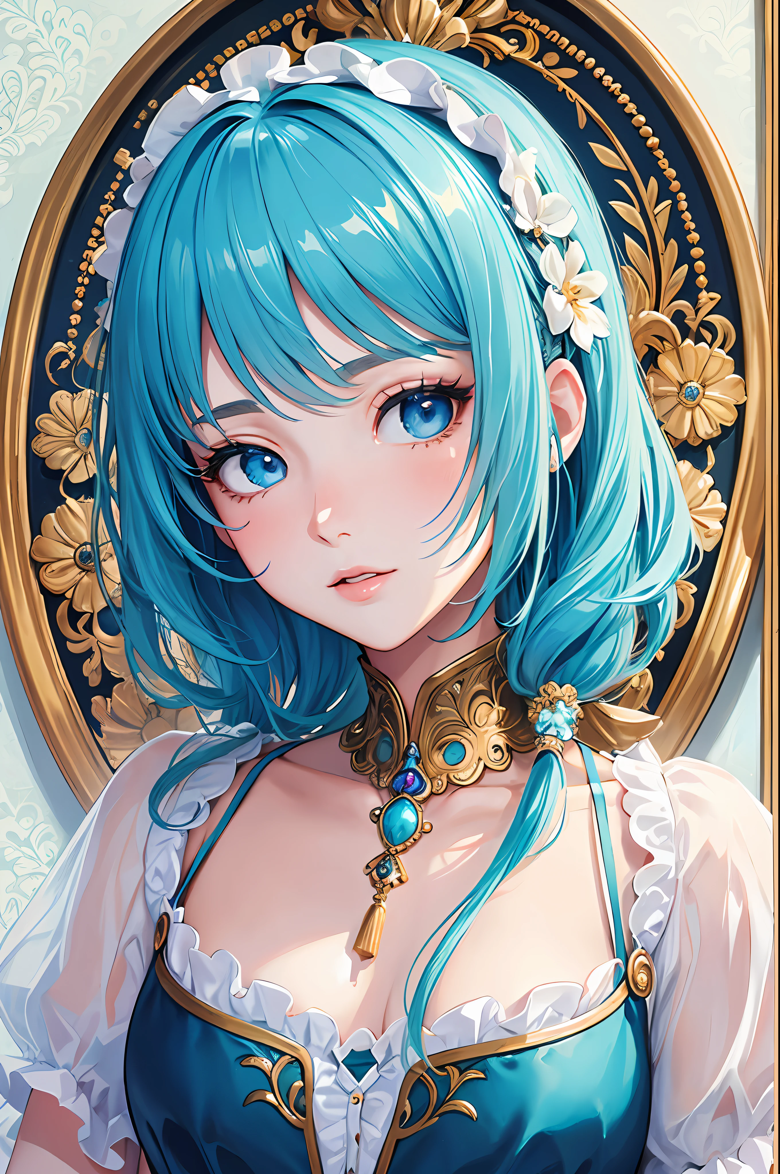 (Masterpiece, Top Quality, Best Quality, Official Art, Beauty and Aesthetics: 1.2), (1girl: 1.3), (Fractal Art: 1.3), Vibrant Aqua Blue Eyes, Medium Hair with Tassels,