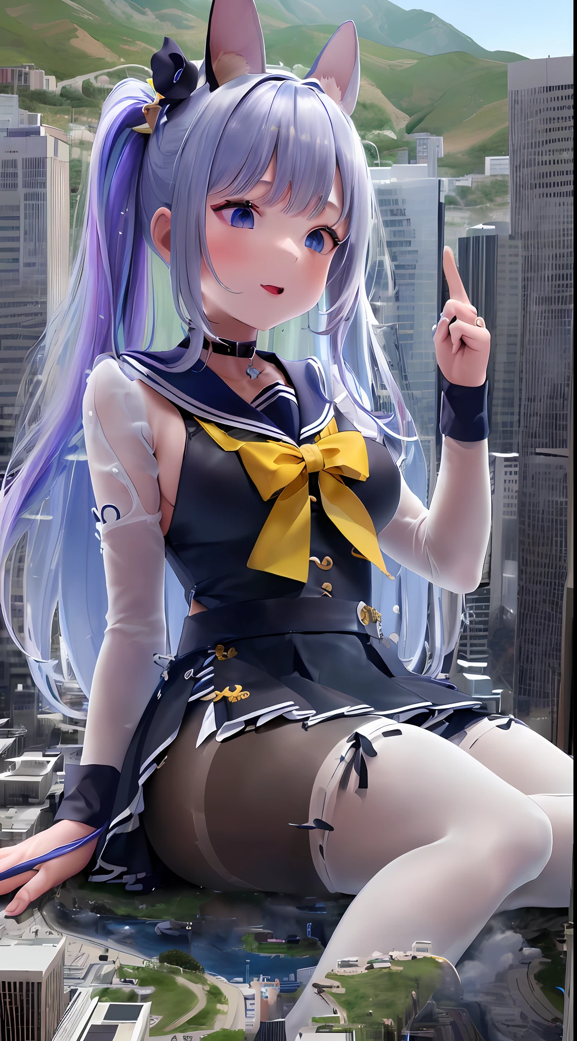 Masterpiece level, highest quality, little , white sailor suit, small leather shoes, double ponytail, seated, full body, ((cute), sexy, long blue hair, large, ultra-see-through, (thighband pantyhose, white pantyhose: 1.3), miniskirt, (textured skin, anatomically correct, masterpiece, UHD, ccurate, high details, super detail, high quality, best quality, highres, 1080P)),outdoors,(giantess:1.6)