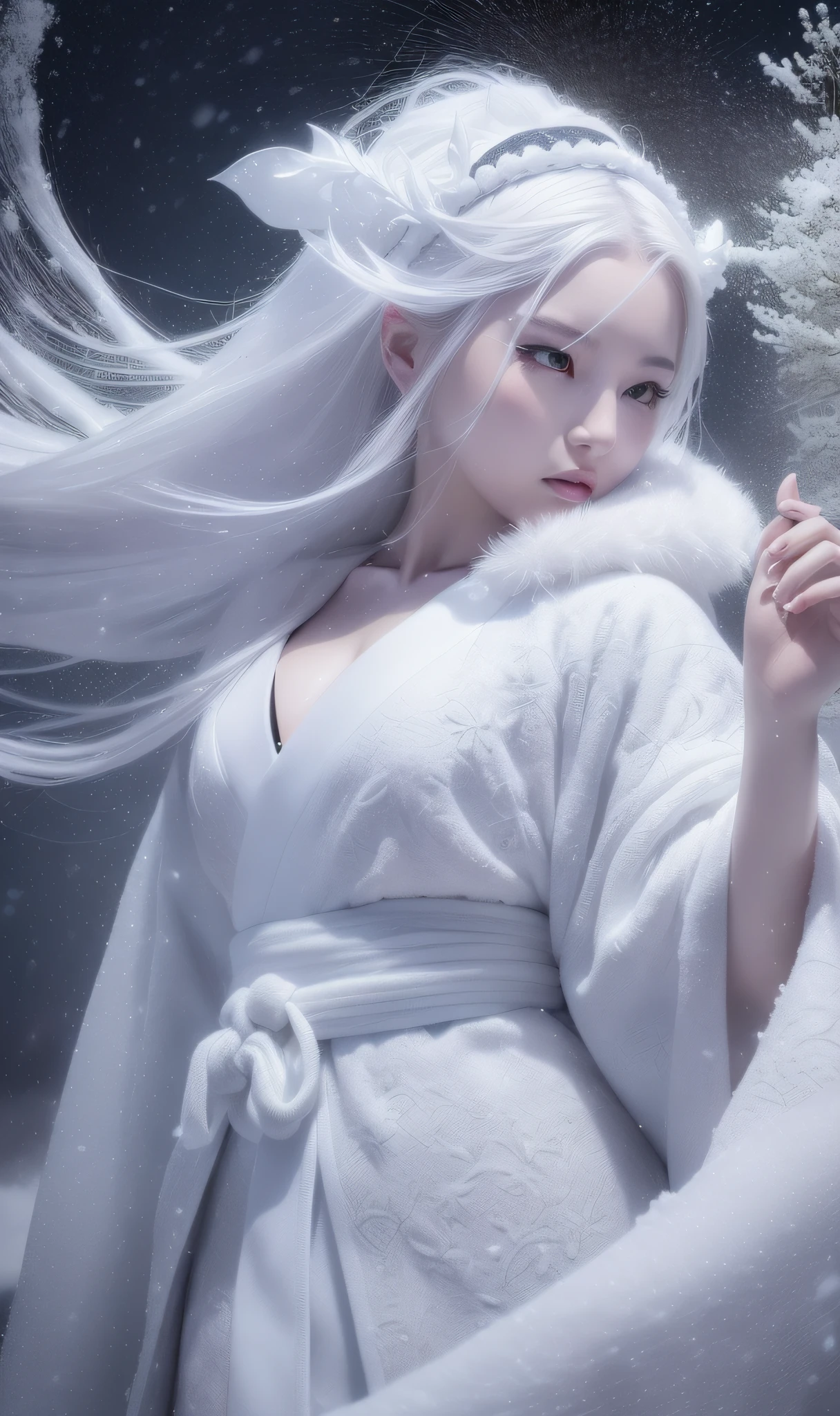 ((Snow Spirit)), Snowstorm Night, (((White dragon is dancing in the blizzard)), (((Violent snow and wind envelop the Snow Spirit)), Snow Spirit is very beautiful, wearing ((White Kimono)), the skin is translucent white, the hair is long and black, the eyes are blue and shining, the strong wind is violently shaking the long black hair of the spirit, Only the snow spirit is illuminated in the dark, very fantastic, the snow spirit is pure white and has a beautiful face , lonely pale face, eyes look lonely, photorealistic and weaving mandalas with zentangle, watercolor, wet-on-wet or splatter technique, full shot, center, perfect composition, abstract, surrealism, masterpiece, highest quality, ultra detail, HDR, 8K
