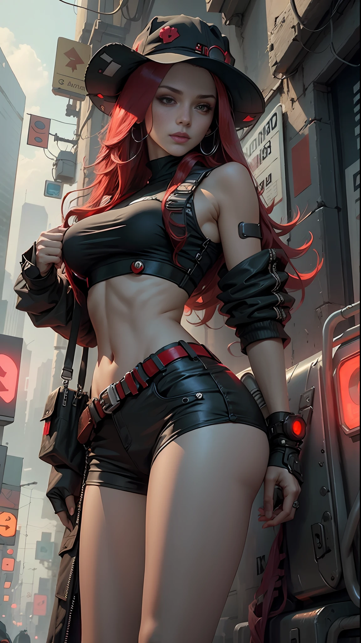 Beauty, long hair (red), wearing hat, cyberpunk style short outfit, crop top, big breasts (1.5), straight breasts, exposed side breasts