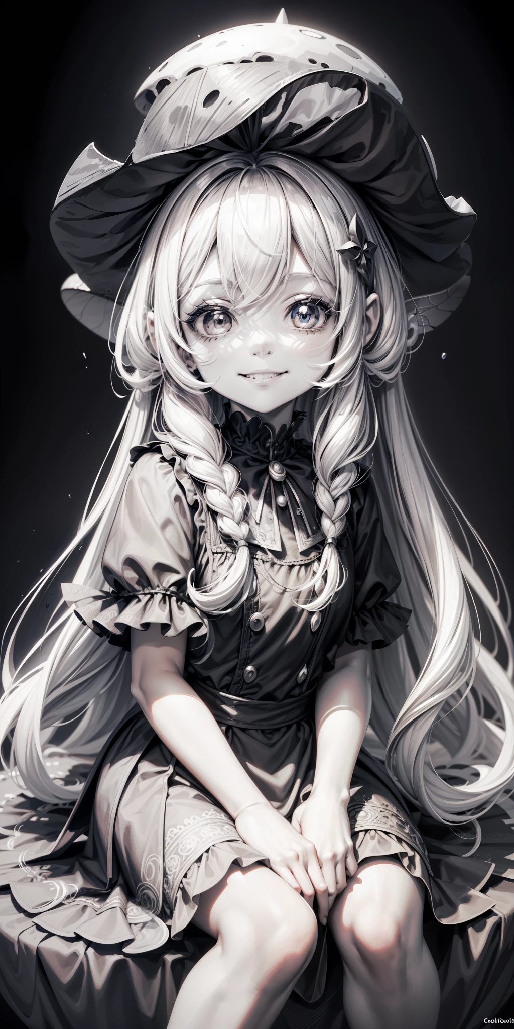 black and white coloring page a beautiful little girl fairy, little girl, smiling sitting on a big dotted mushroom brushing her long hair clip art on white background, only drawing with lines, black and white for coloring - --auto --s2