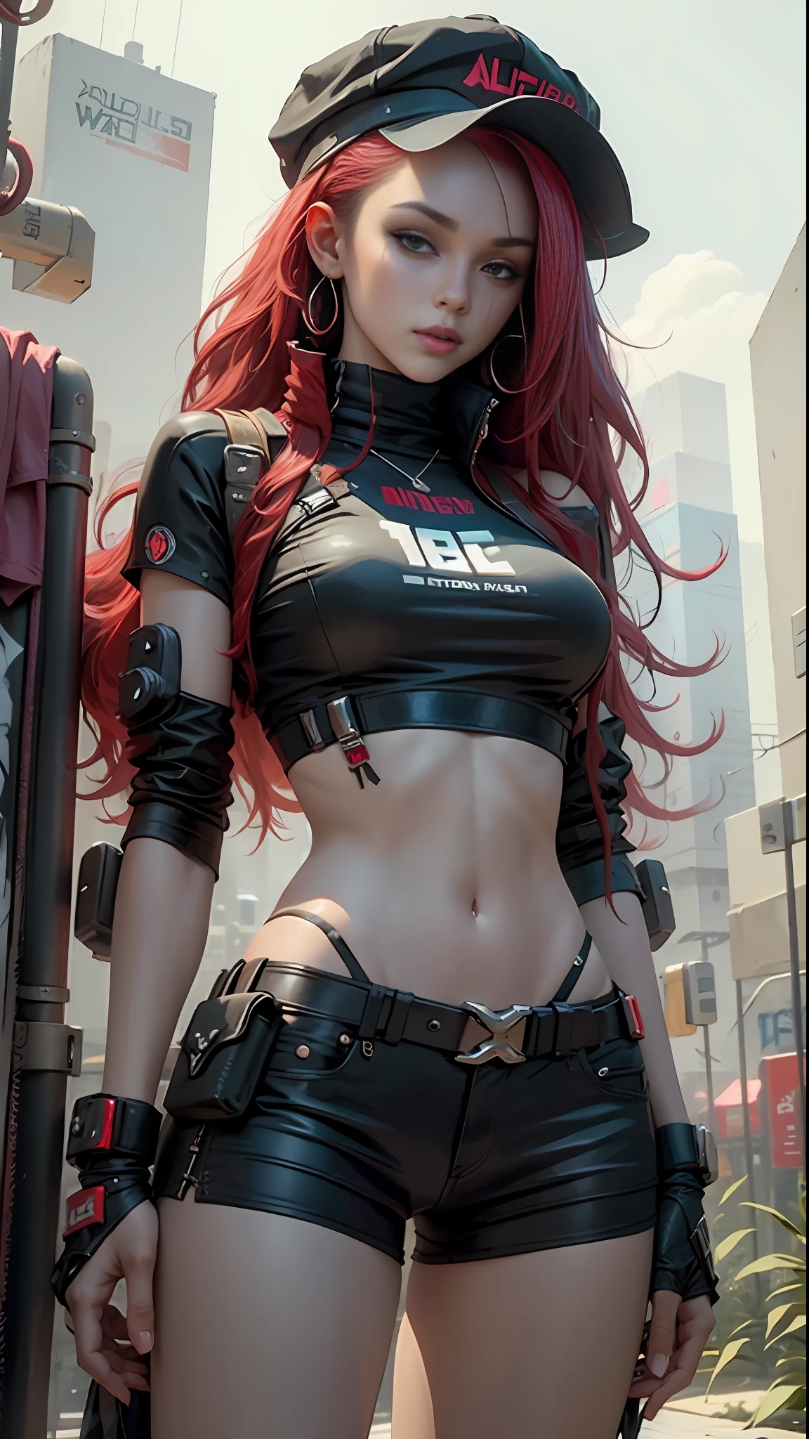 Beauty, long hair (red), wearing hat, cyberpunk style short outfit, crop top, big breasts (1.5), straight breasts, exposed side breasts