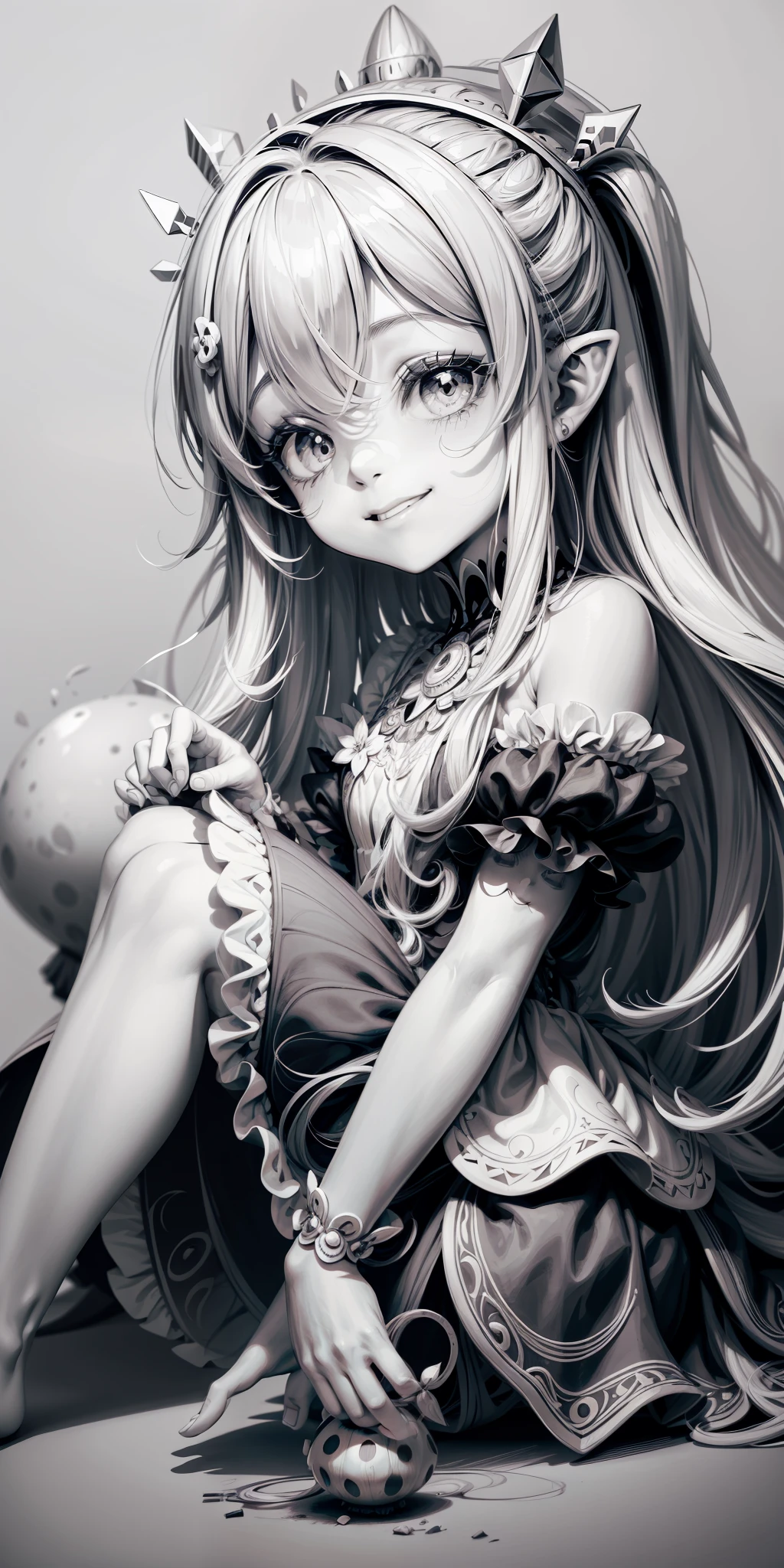 black and white coloring page a beautiful  girl fairy, little smiling sitting on a big dotted mushroom brushing her long hair clip art on white background, only drawing with lines, black and white for coloring    - --auto --s2