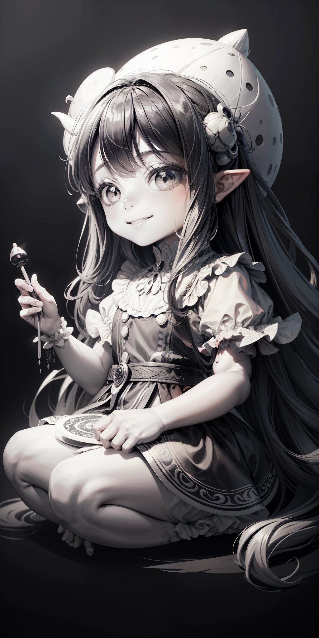 black and white coloring page a beautiful fairy, little girlitting on a big dotted mushroom brushing her long hair clip art on white background, only drawing with lines, black and white for coloring - --auto --s2