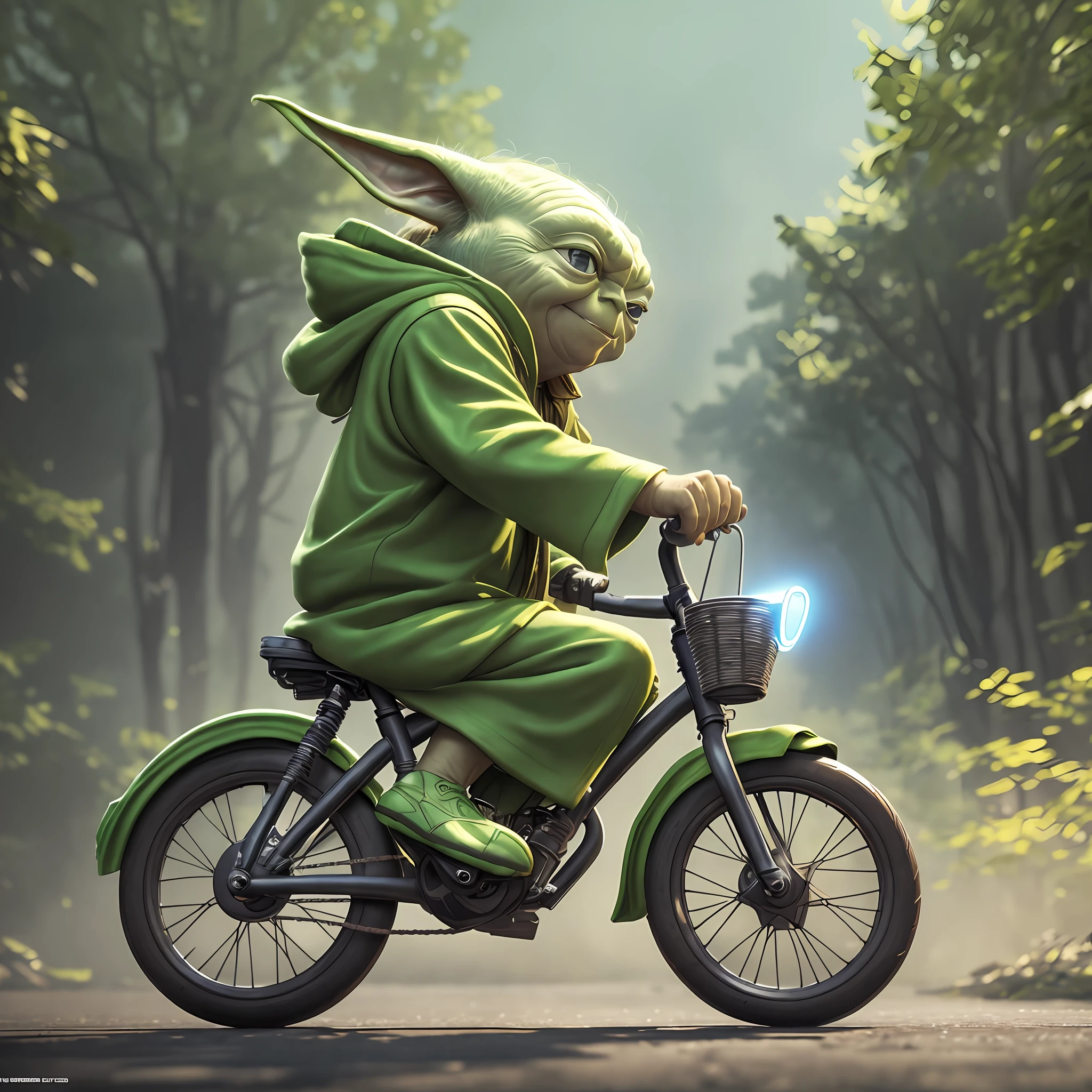 PLTN style, Star Wars master Yoda smiling on a bike seen from the side, beautiful big reflective circular eyes, Pixar rendering, smooth cinematic unreal engine, clothing covering the feet, intricate detail --auto --s2
