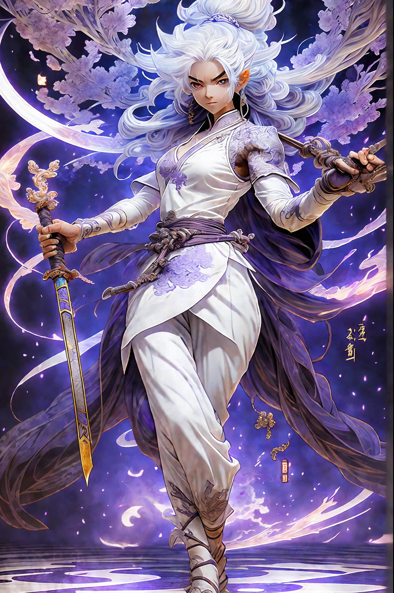 Anime girl with curly white hair, and purple dress holding a purple sword, Keqing of Genshin Impact, white-haired deity, flowing hair and oni hunter robes, ninja, onmyoji portrait, Ayaka Genshin impact, 4K anime style, best 4k Konachan anime wallpaper, detailed onmyoji art, high quality anime art, onmyoji