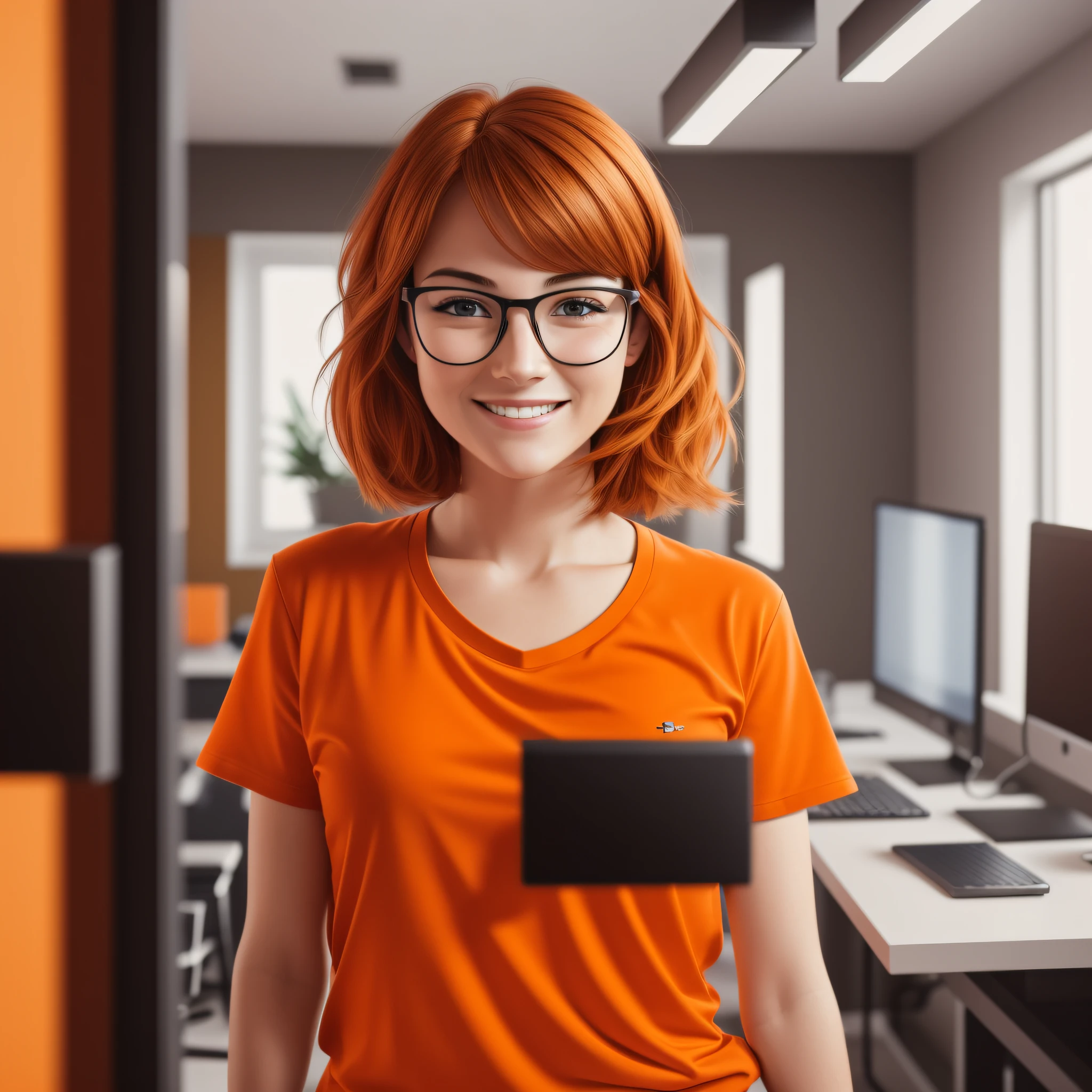 a 27-year-old female character wearing gorgeous orange and surprise glasses wearing a plain orange mesh T-shirt, very short and spiky orange brown hair, working in an advertising agency with orange walls, blurred background, looking at the monitor of an iMac, smiling, cinematic lighting, shallow depth of field, 8k uhd, dslr, 35 mm lens 1.8, masterpiece, high quality, photorealistic, realism, hyperrealism, art photography --auto --s2