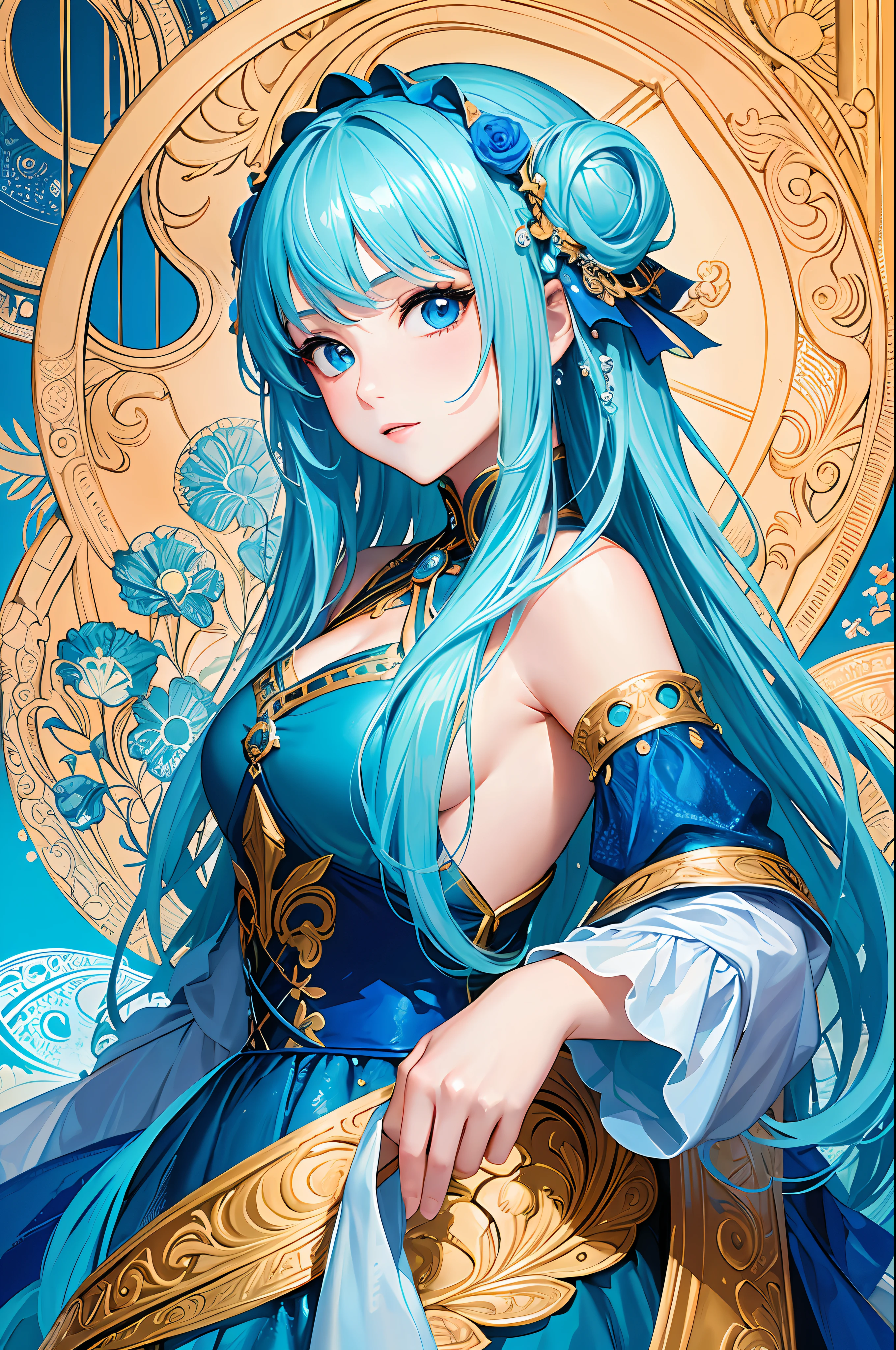 (Masterpiece, Top Quality, Best Quality, Official Art, Beauty and Aesthetics: 1.2), (1girl: 1.3), (Fractal Art: 1.3), Vibrant Aqua Blue Eyes, Medium Hair with Tassels,