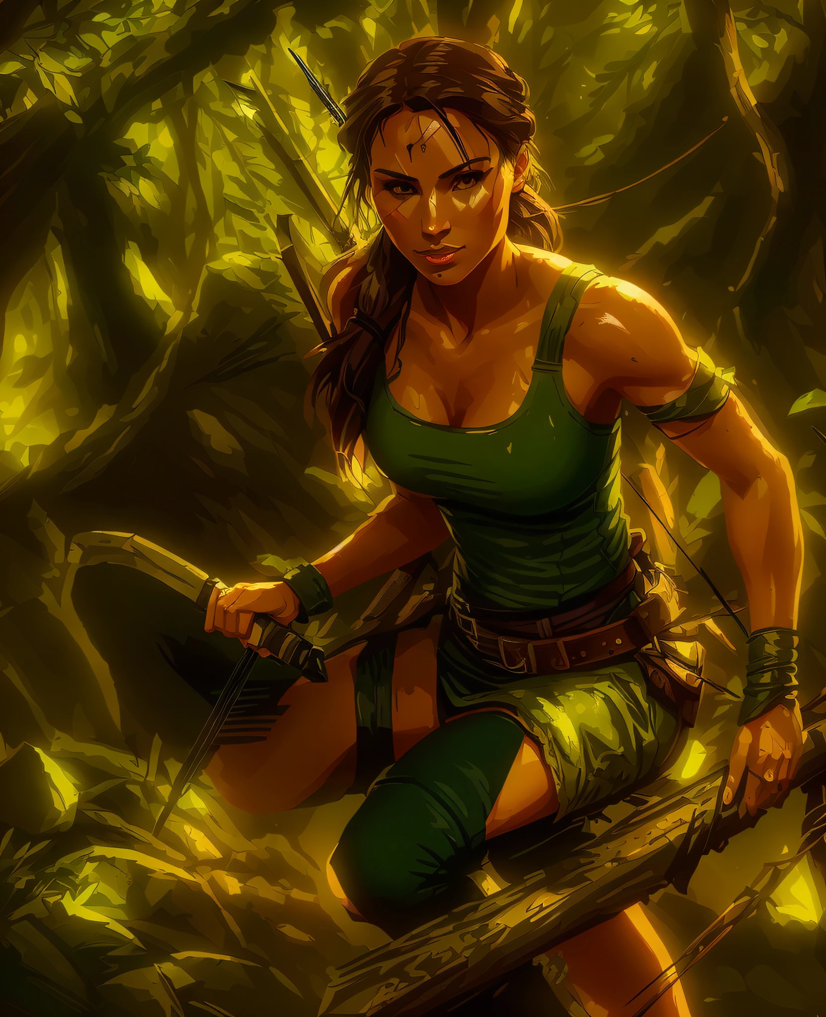 a close up of a woman holding a bow and arrow in a forest, portrait of lara croft, tomb raider beautiful, lara croft, lara croft medieval, tomb raider, tomb raider setting, rpg book portrait, epic exquisite character art, stunning character art, detailed game art illustration, lara croft eating durian, epic digital art illustration, muscular sweat lara croft
