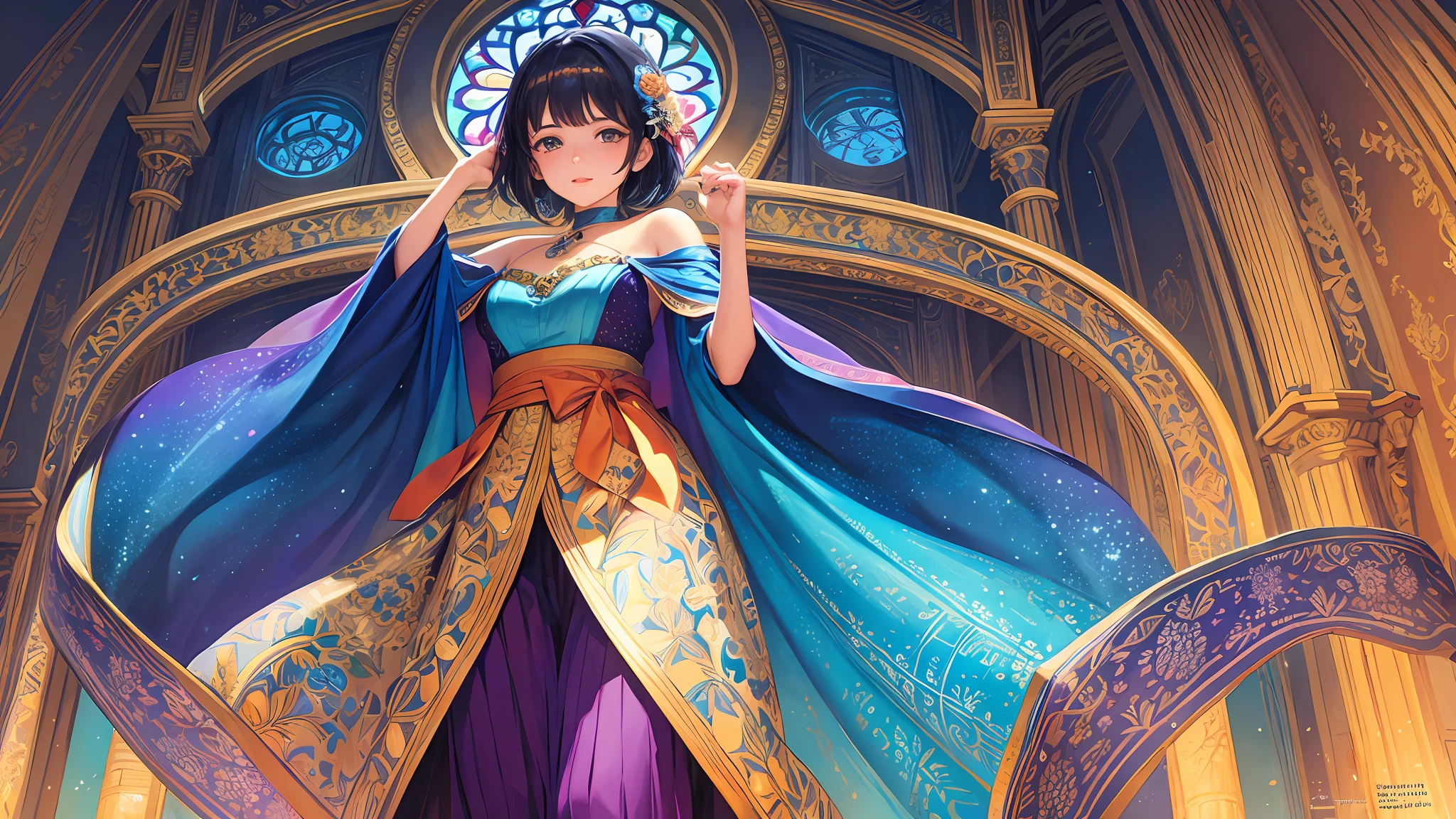 (masterpiece, top quality, best quality,official art, beautiful and aesthetic:1.2),(1girl:1.3), 1girl BREAK stained glass art, colored glass, lead lines, light transmission BREAK vibrant colors, intricate designs, luminous effects, spiritual ambiance