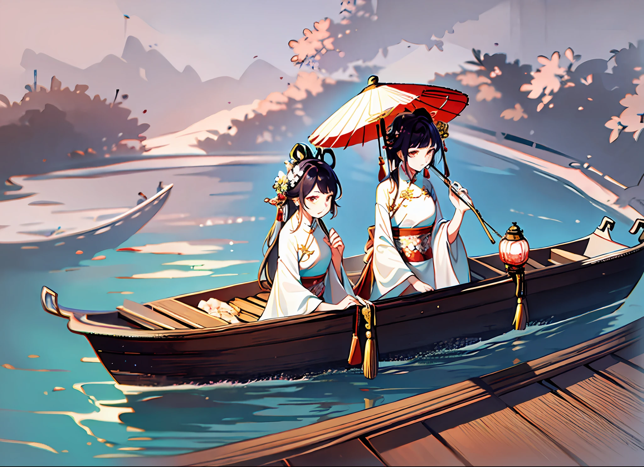 The ultimate detail is expressed, and two Chinese in Hanfu on the boat sit on the boat, holding flower umbrellas.